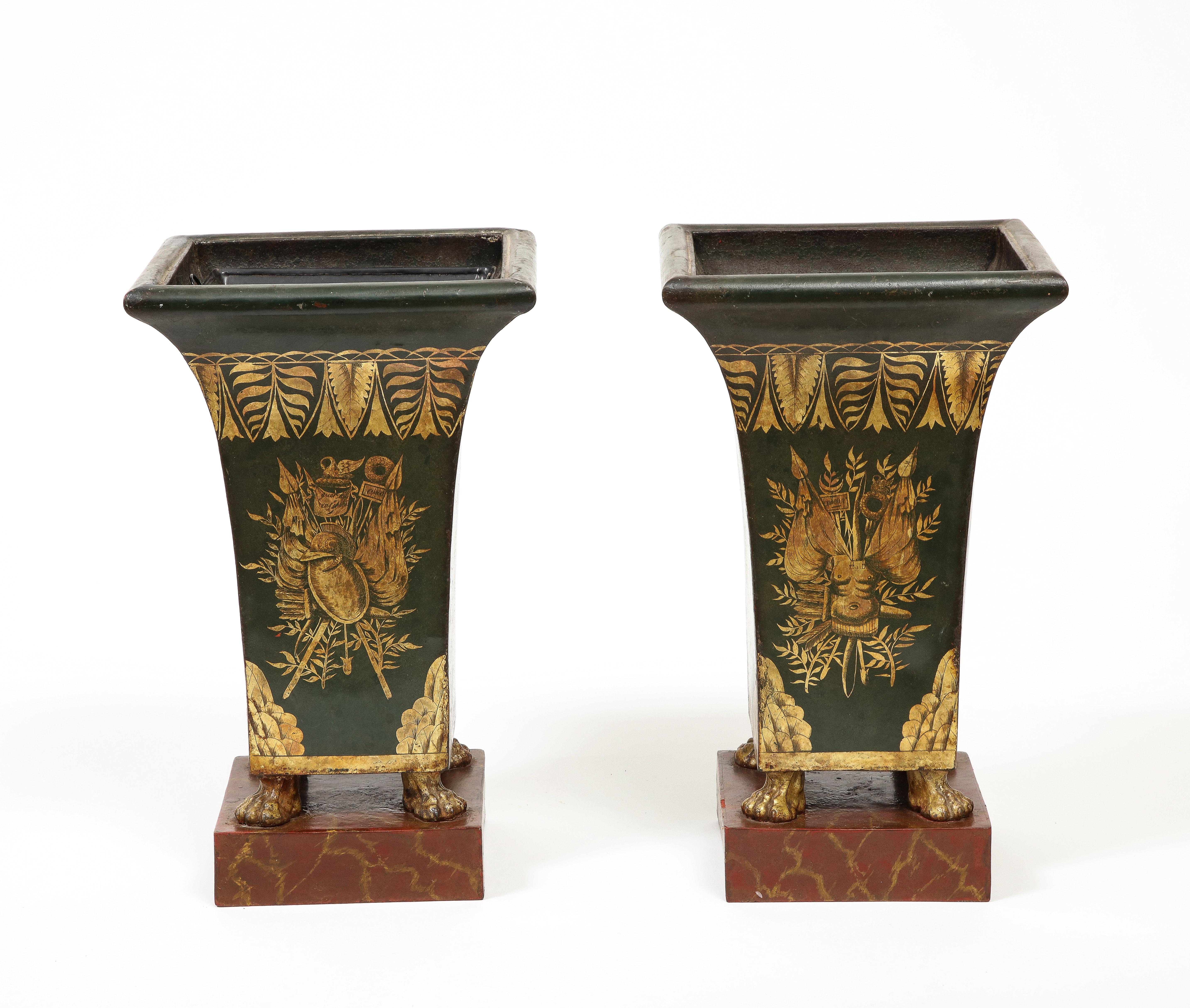 Pair of 19th Century Tole Painted Gilt and Green Pawfoot Jardinieres In Good Condition For Sale In Chicago, IL