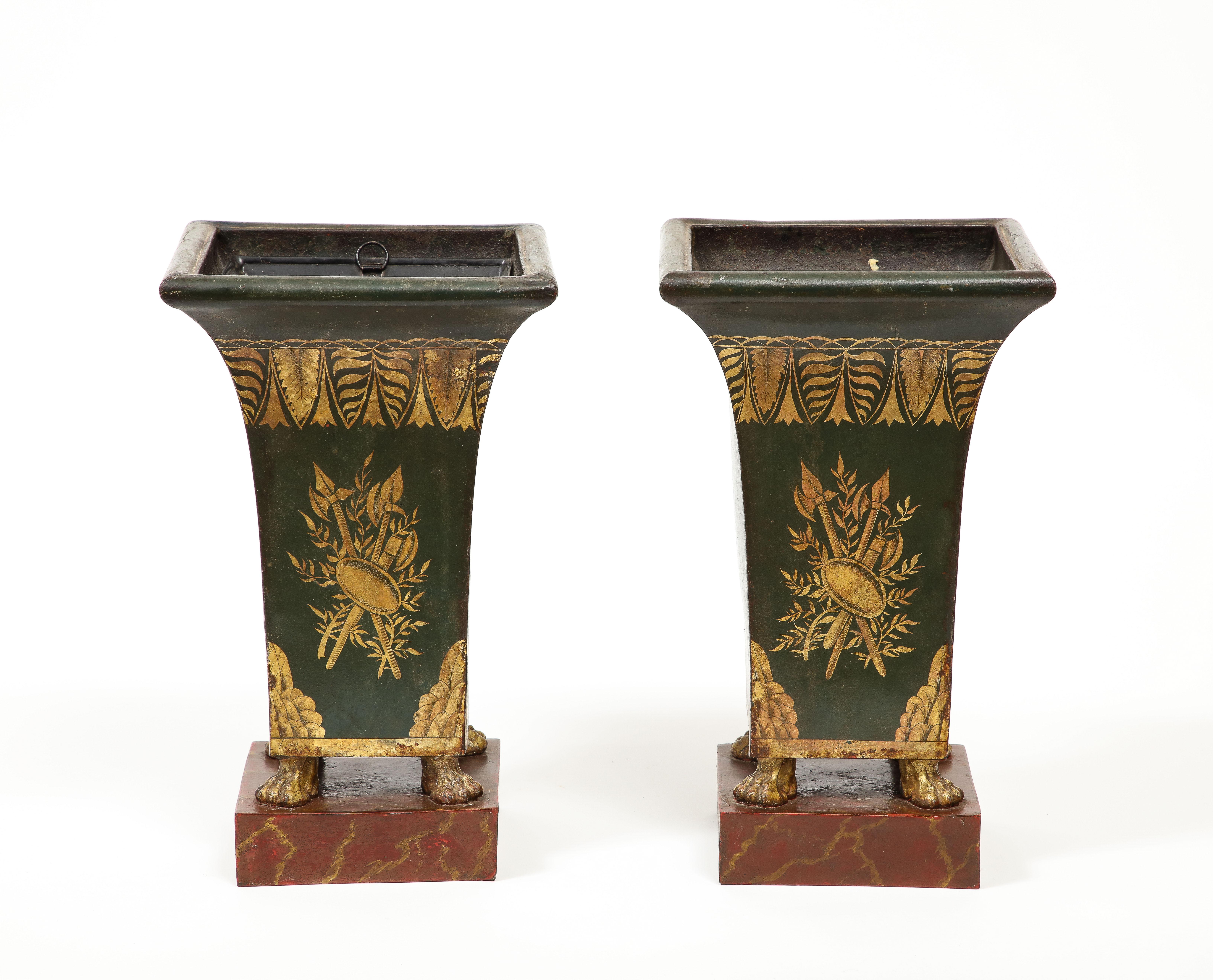 Metal Pair of 19th Century Tole Painted Gilt and Green Pawfoot Jardinieres For Sale
