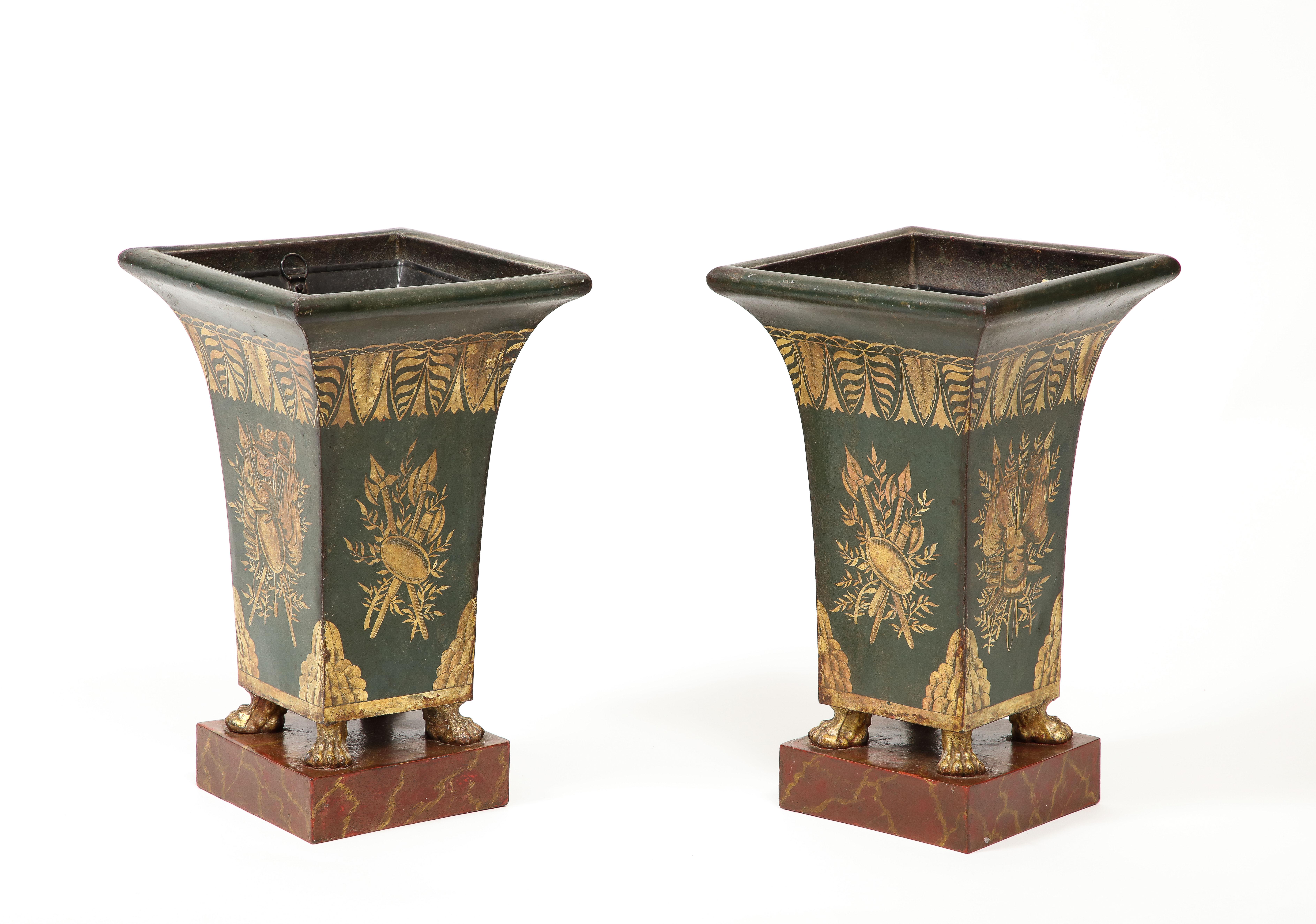 Pair of 19th Century Tole Painted Gilt and Green Pawfoot Jardinieres For Sale 2