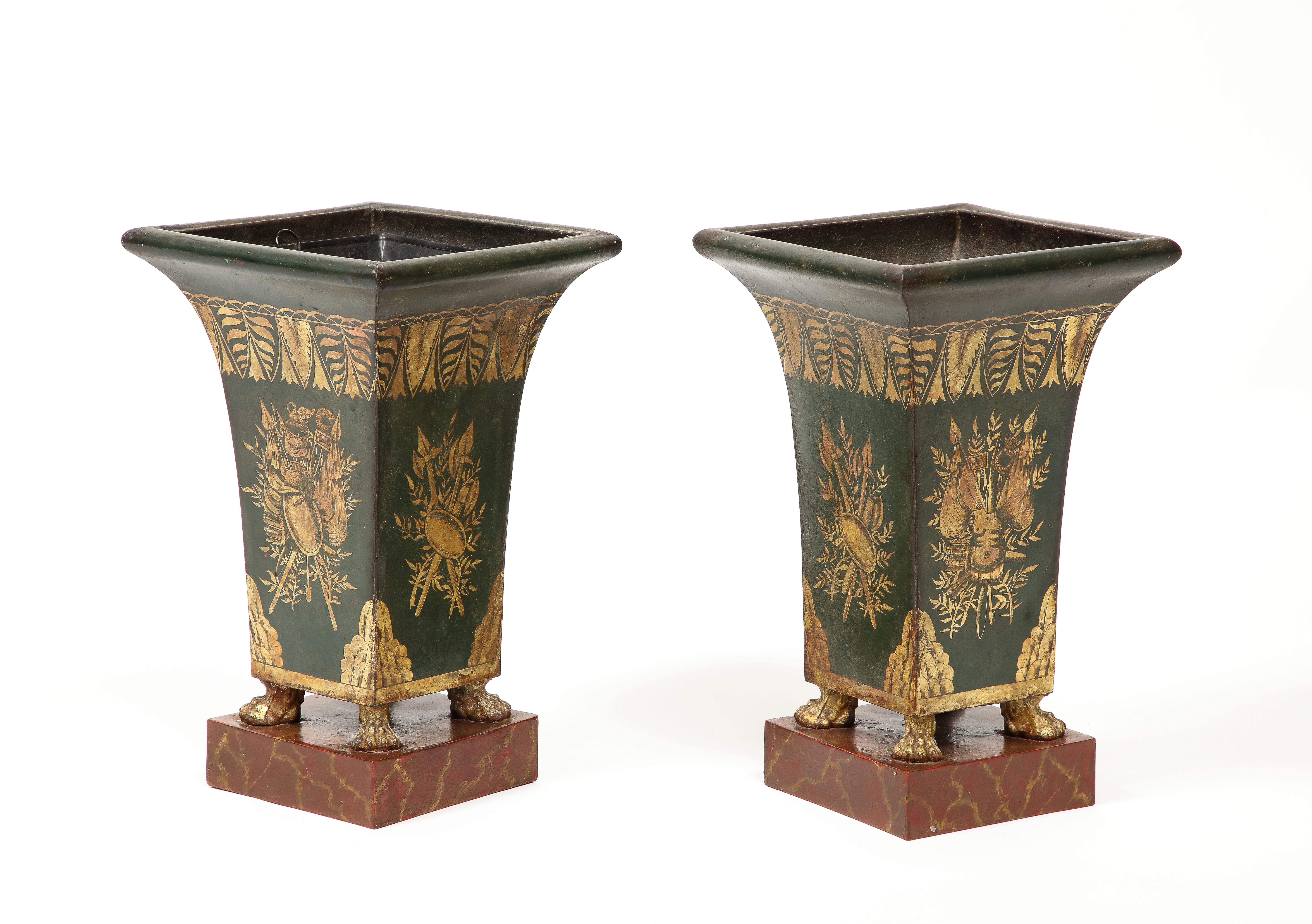 Pair of 19th Century Tole Painted Gilt and Green Pawfoot Jardinieres For Sale 3
