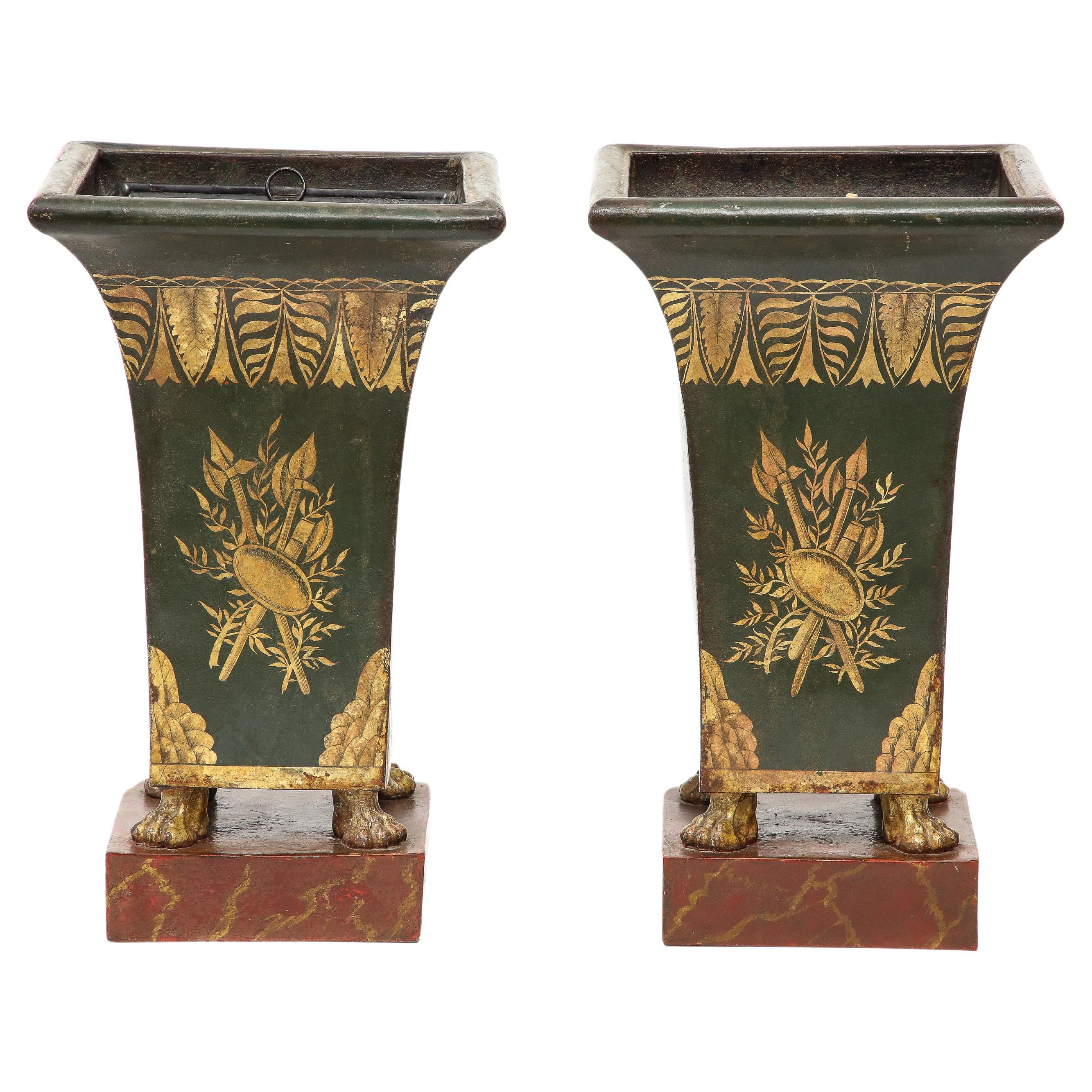 Pair of 19th Century Tole Painted Gilt and Green Pawfoot Jardinieres For Sale