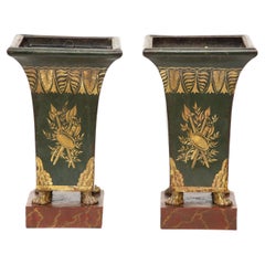 Pair of 19th Century Tole Painted Gilt and Green Pawfoot Jardinieres