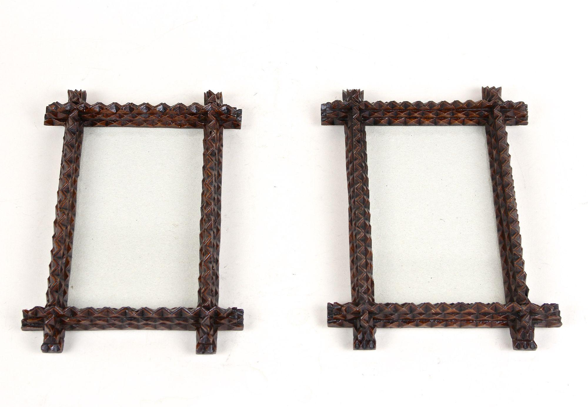 Blown Glass Pair of 19th Century Tramp Art Photo Frames Hand Carved, Austria circa 1880 For Sale