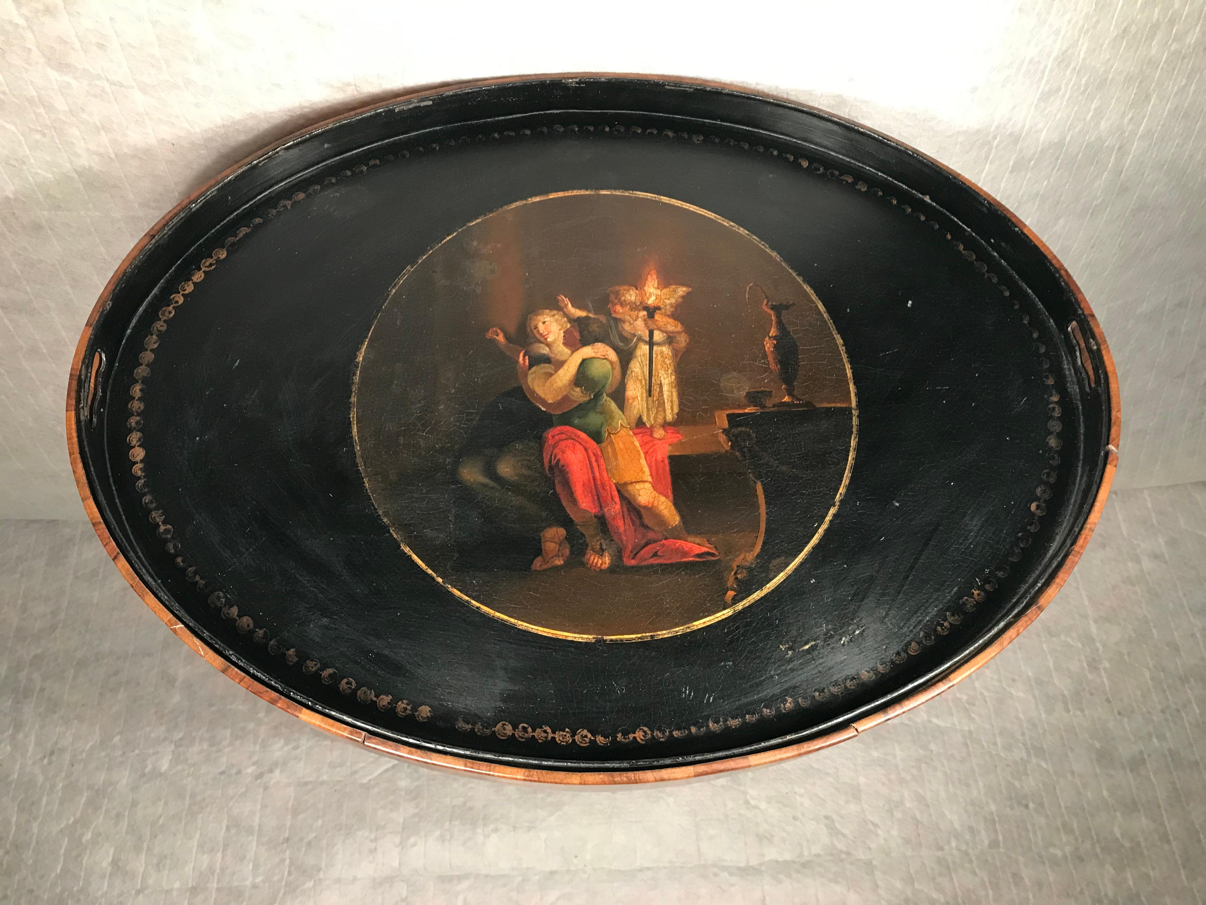 Pair of  beautiful  Napoleon III tray tables from the second part of the 19th century, showcasing exquisite craftsmanship and historical charm. These tables feature a Louis XVI style walnut base, providing a classic and refined aesthetic. The tops