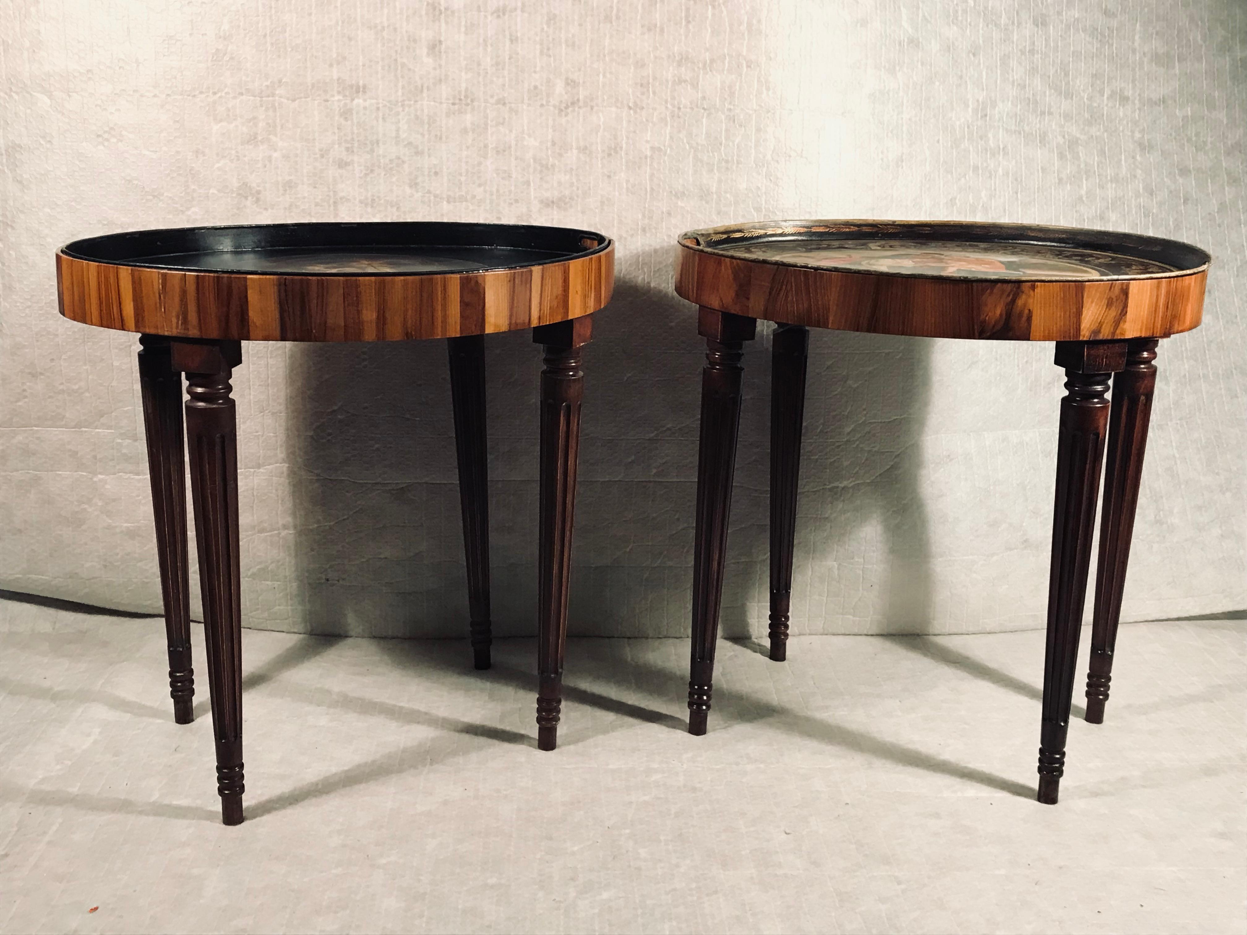 Walnut Pair of 19th century tray tables with lacquer trays For Sale