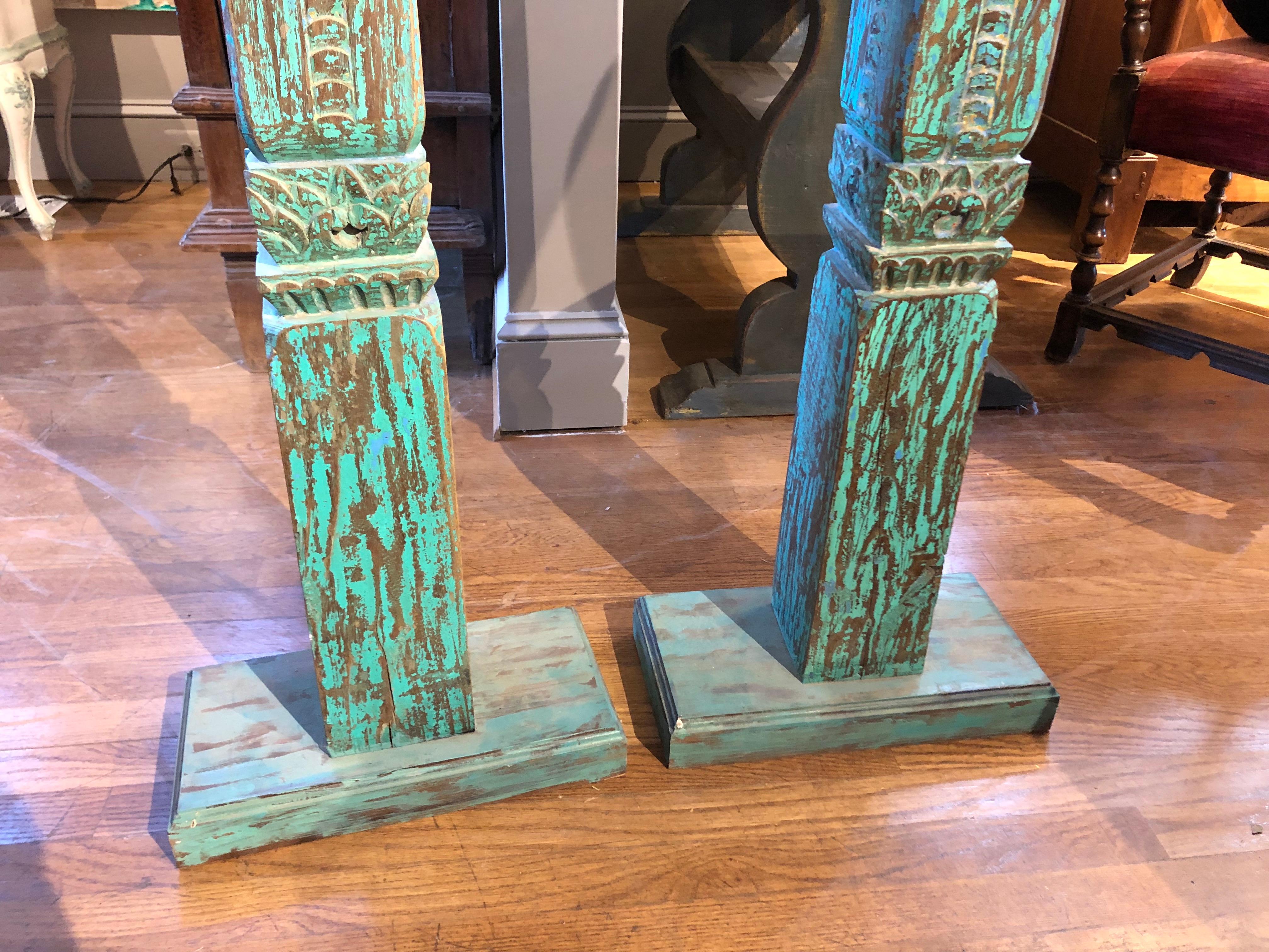 Hand-Painted Pair of 19th Century Hand Carved Indonesian Teak Columns with Original Paint