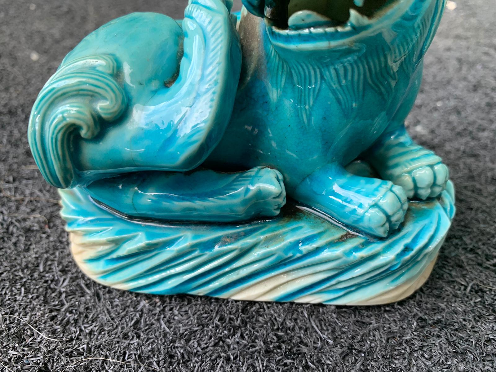Pair of 19th Century Turquoise Painted Porcelain Foo Dogs For Sale 5