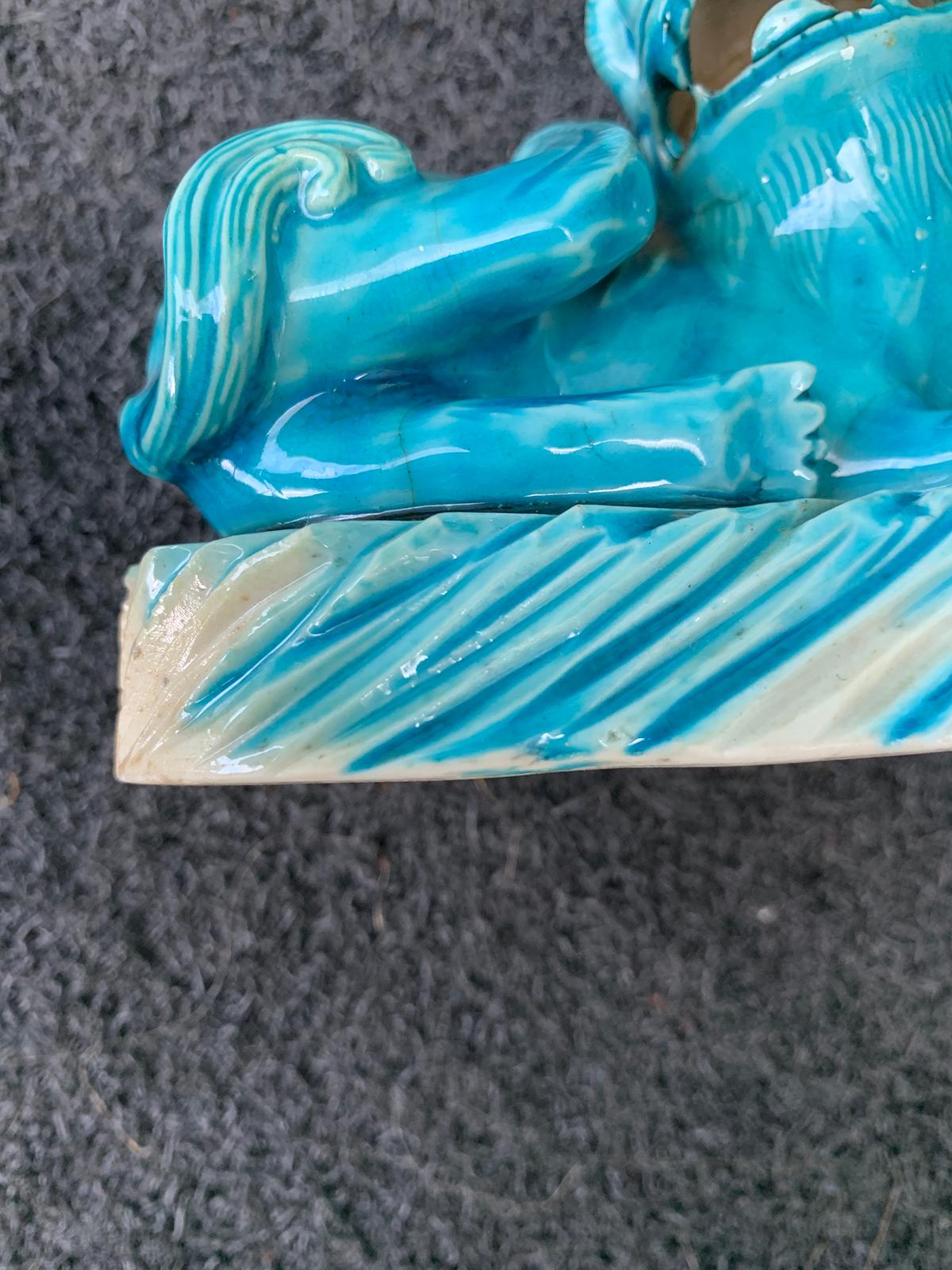 Pair of 19th Century Turquoise Painted Porcelain Foo Dogs For Sale 7