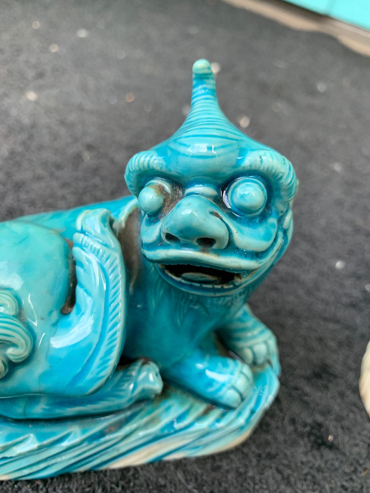Glazed Pair of 19th Century Turquoise Painted Porcelain Foo Dogs For Sale