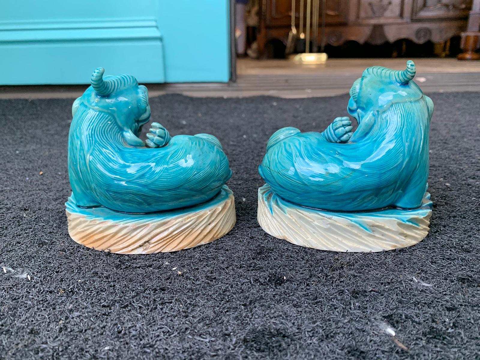 Pair of 19th Century Turquoise Painted Porcelain Foo Dogs For Sale 2