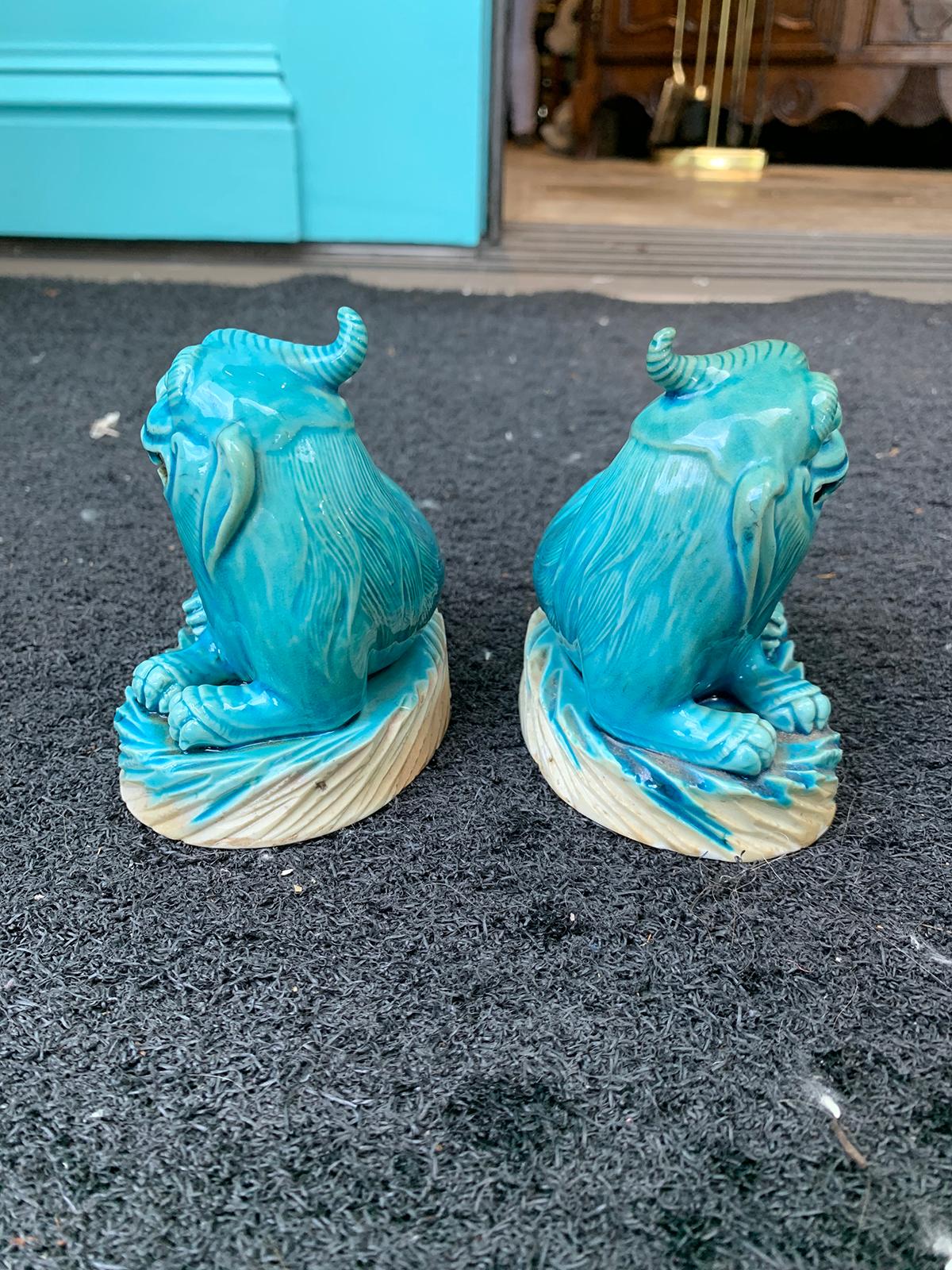 Pair of 19th Century Turquoise Painted Porcelain Foo Dogs For Sale 3
