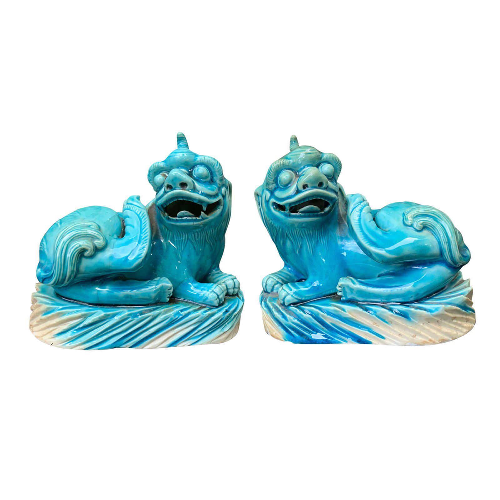 Pair of 19th Century Turquoise Painted Porcelain Foo Dogs For Sale