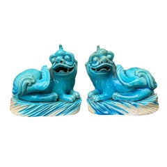 Pair of 19th Century Turquoise Painted Porcelain Foo Dogs