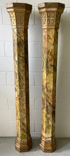 Pair of 19th Century Tuscan Marbleized, Carved & Gilt  76" Columns/ Pedestals