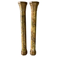 Pair of 19th Century Tuscan Marbleized, Carved & Gilt  76" Columns/ Pedestals