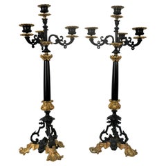 Pair of 19th Century Two Color Tones Patina Bronze Candelabras