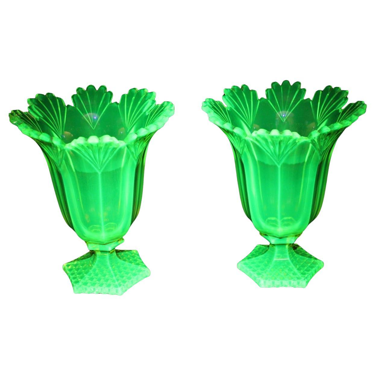 Pair Of 19th Century Uraline Crystal Vases For Sale
