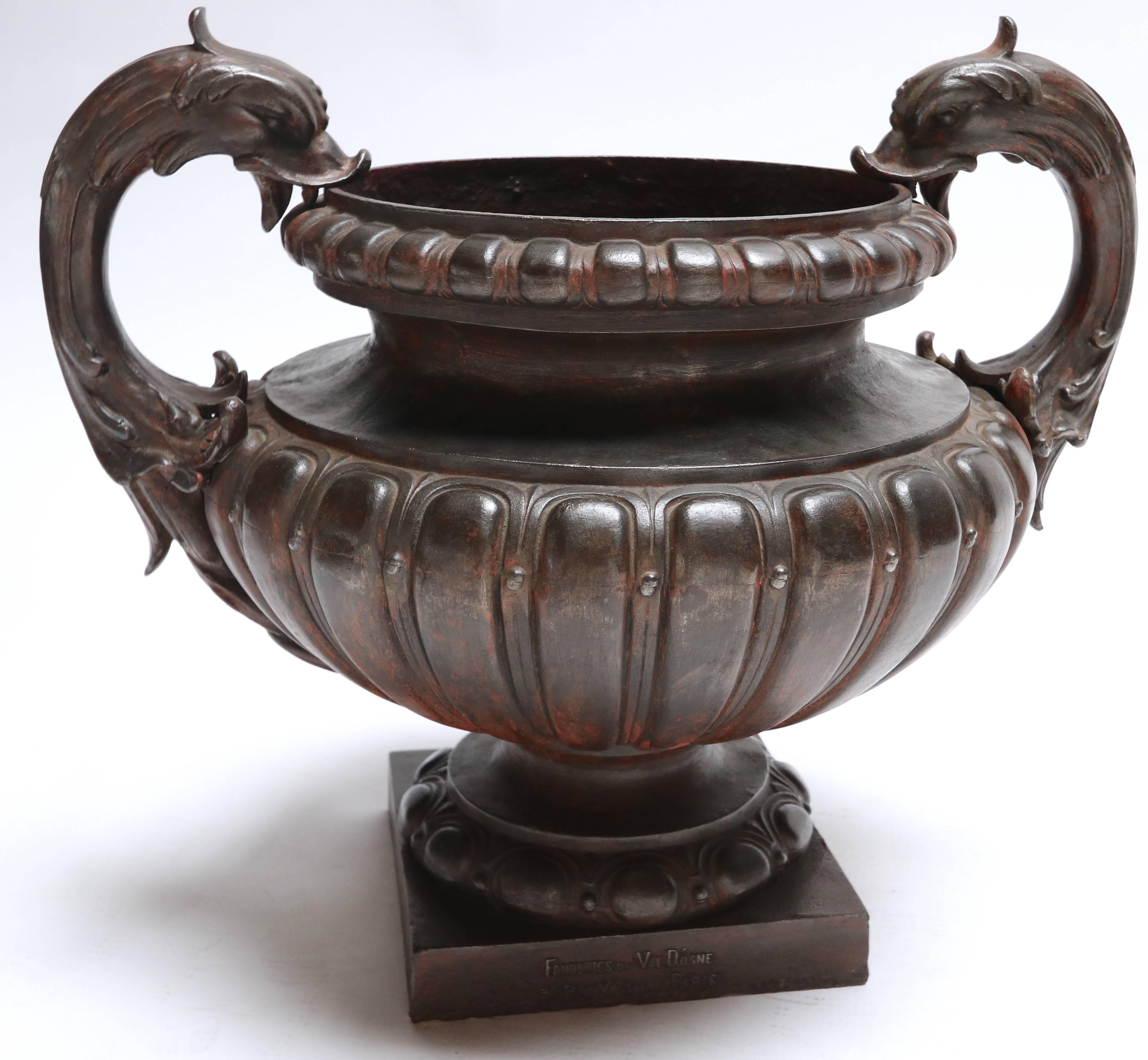 Pair of spectacular 19th century Val d'Osne cast iron French garden urns from the 1880s.