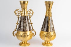 Pair of 19th-century Vases, Opaline Glass And Gilded Regule, Napoleon III Period