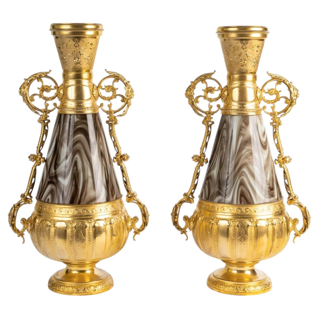 Pair of 19th-century Vases, Opaline Glass And Gilded Regule, Napoleon III Period