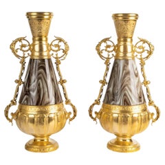 Pair of 19th-century Vases, Opaline Glass And Gilded Regule, Napoleon III Period