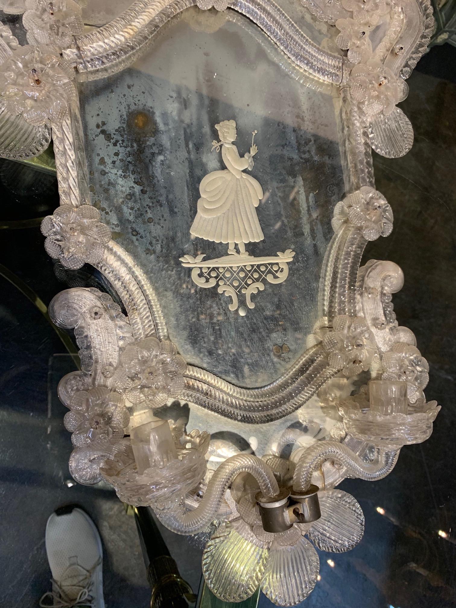 Italian Pair of 19th Century Venetian Etched Mirror Sconces