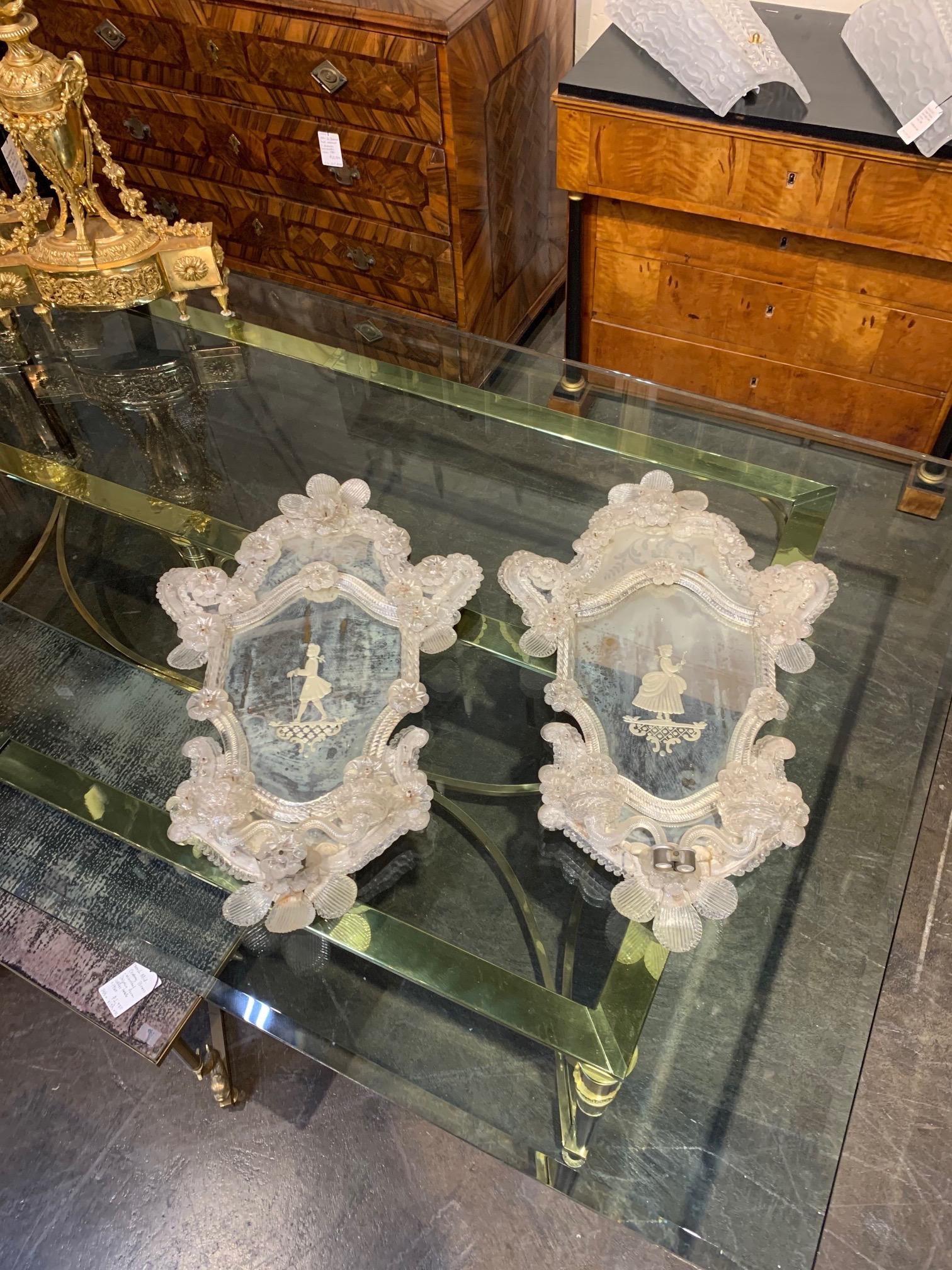 Pair of 19th Century Venetian Etched Mirror Sconces 3