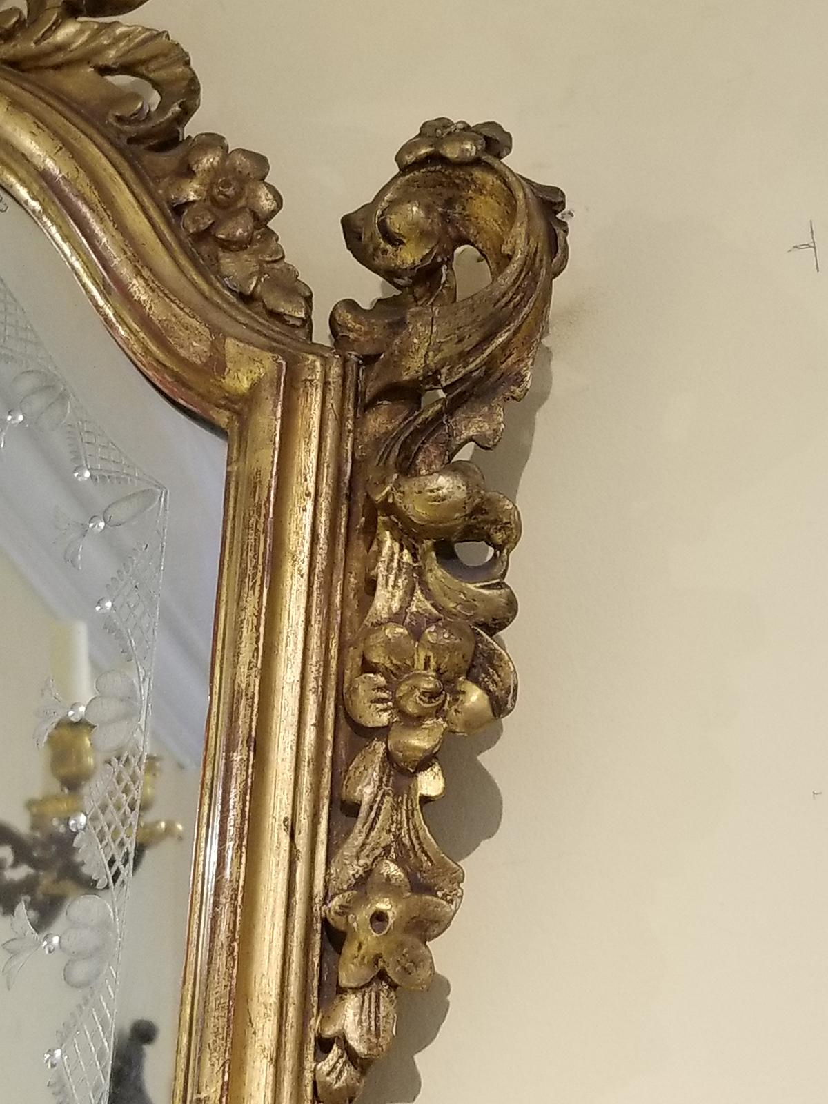 Pair of 19th Century Venetian Etched Mirrors, Cartouche Shape 6