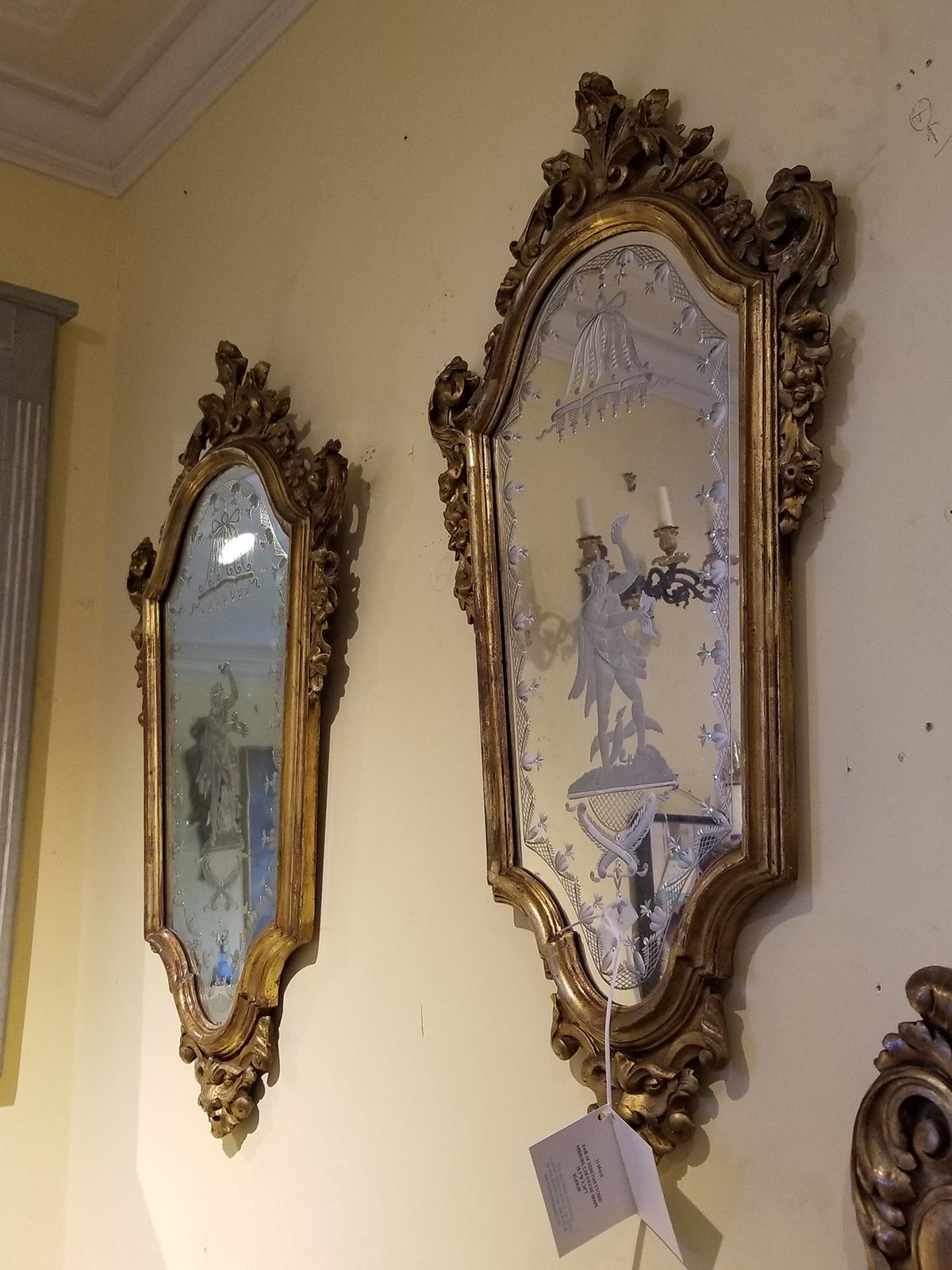 Italian Pair of 19th Century Venetian Etched Mirrors, Cartouche Shape