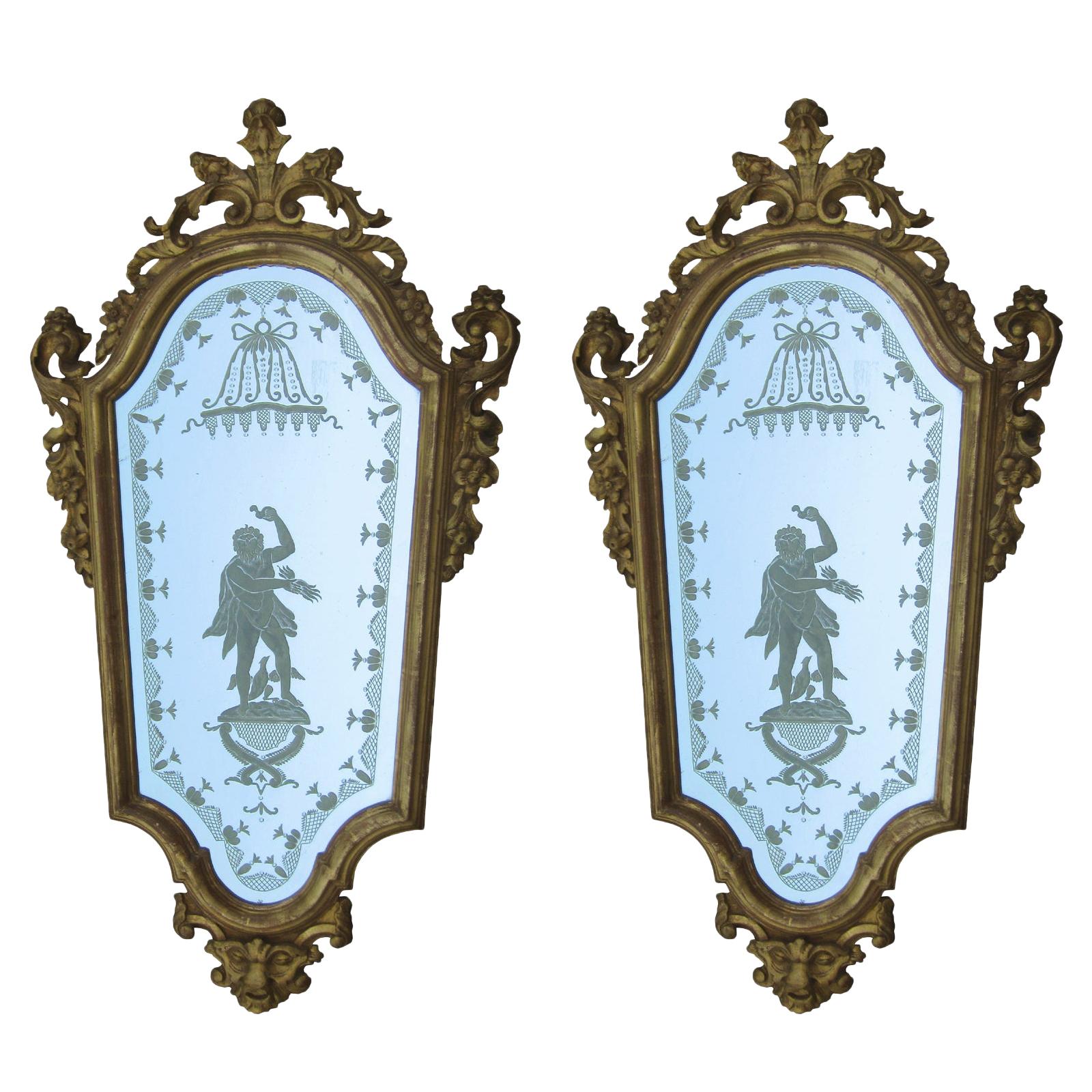 Pair of 19th Century Venetian Etched Mirrors, Cartouche Shape
