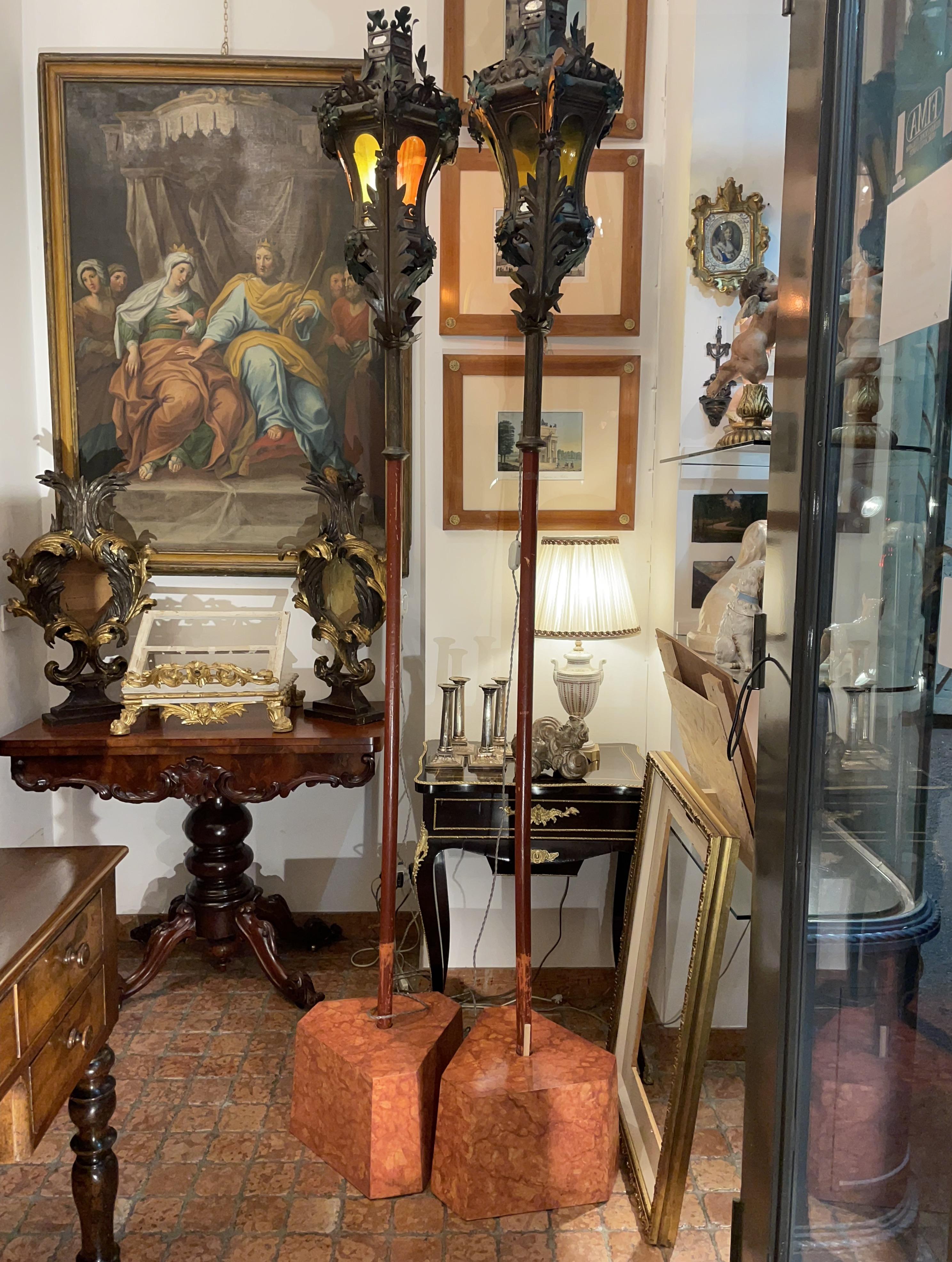 Pair of Venetian Lanterns 19th Century Italian Gondola Lamps Baroque Style For Sale 14