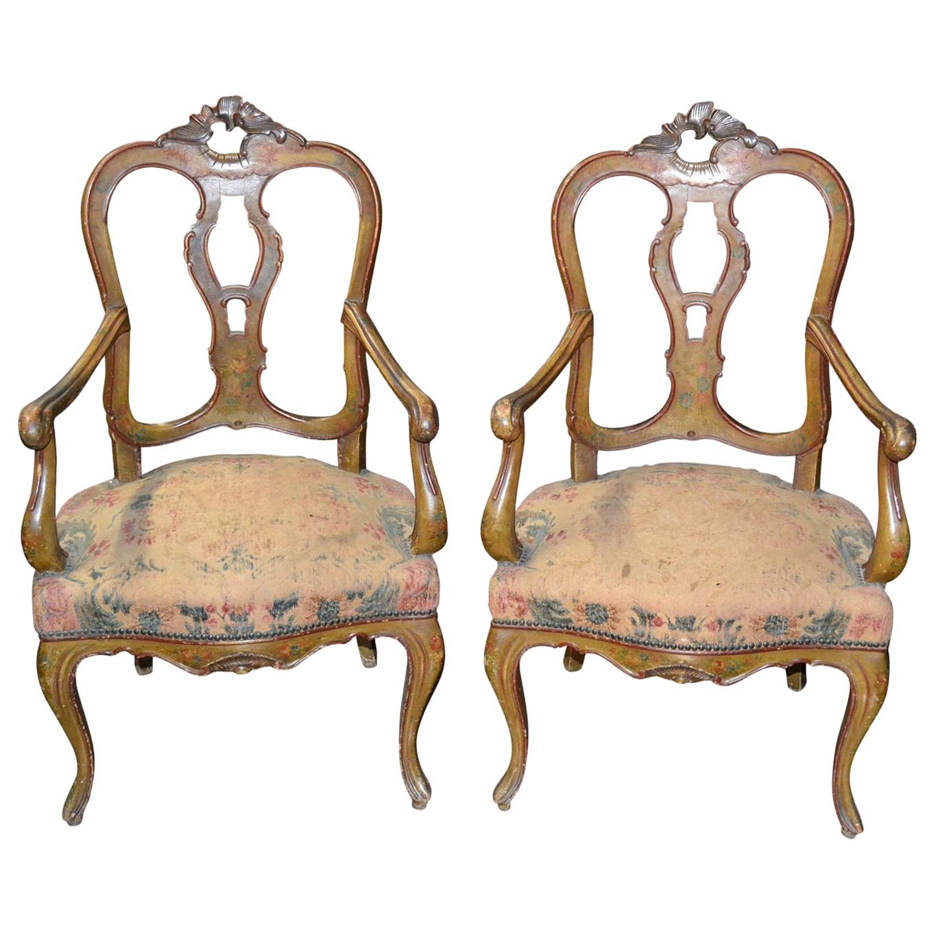 Pair of 19th Century Venetian Hand-Painted Fauteuils