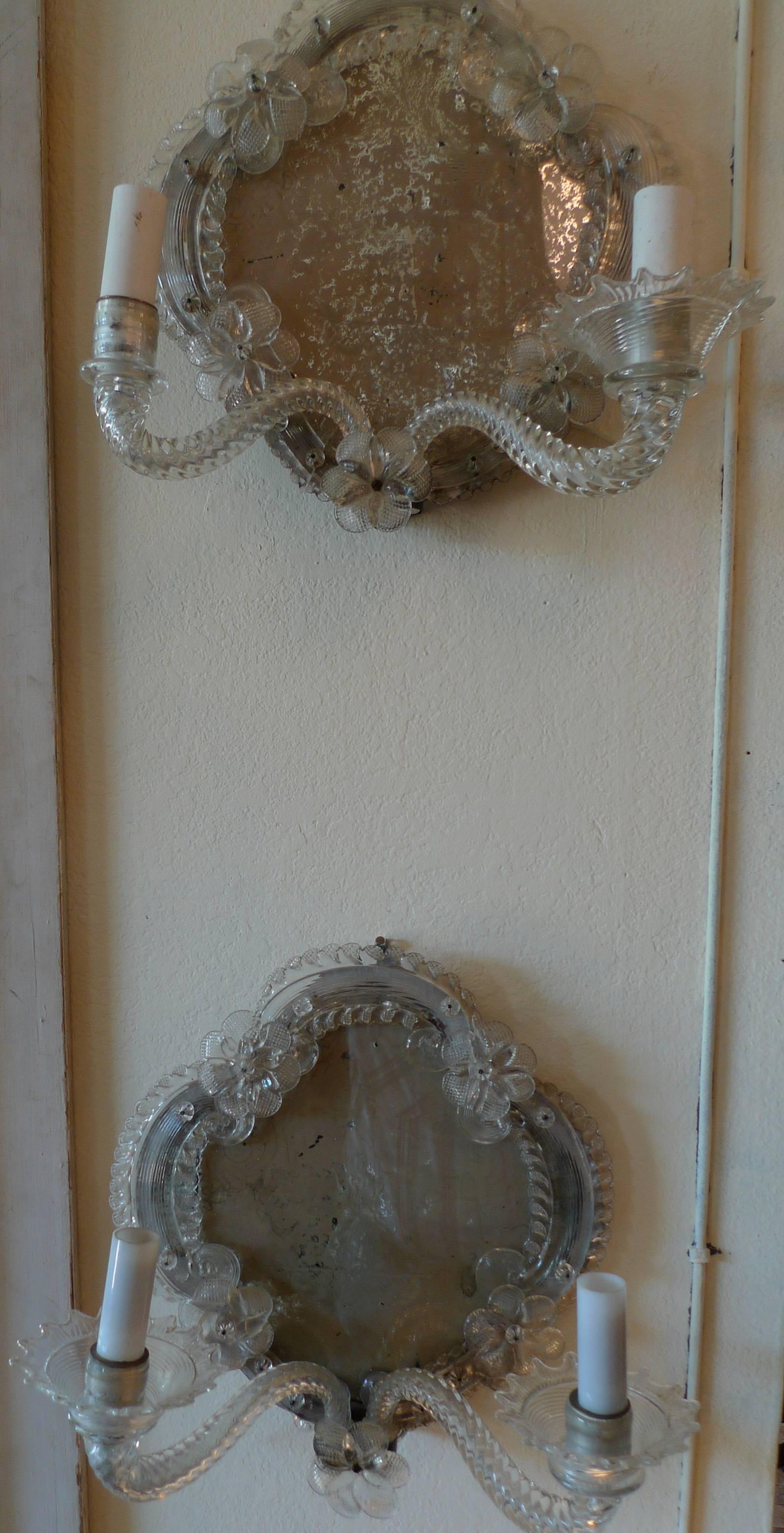 Pair of 19th century Venetian mirrored sconces with original glass.