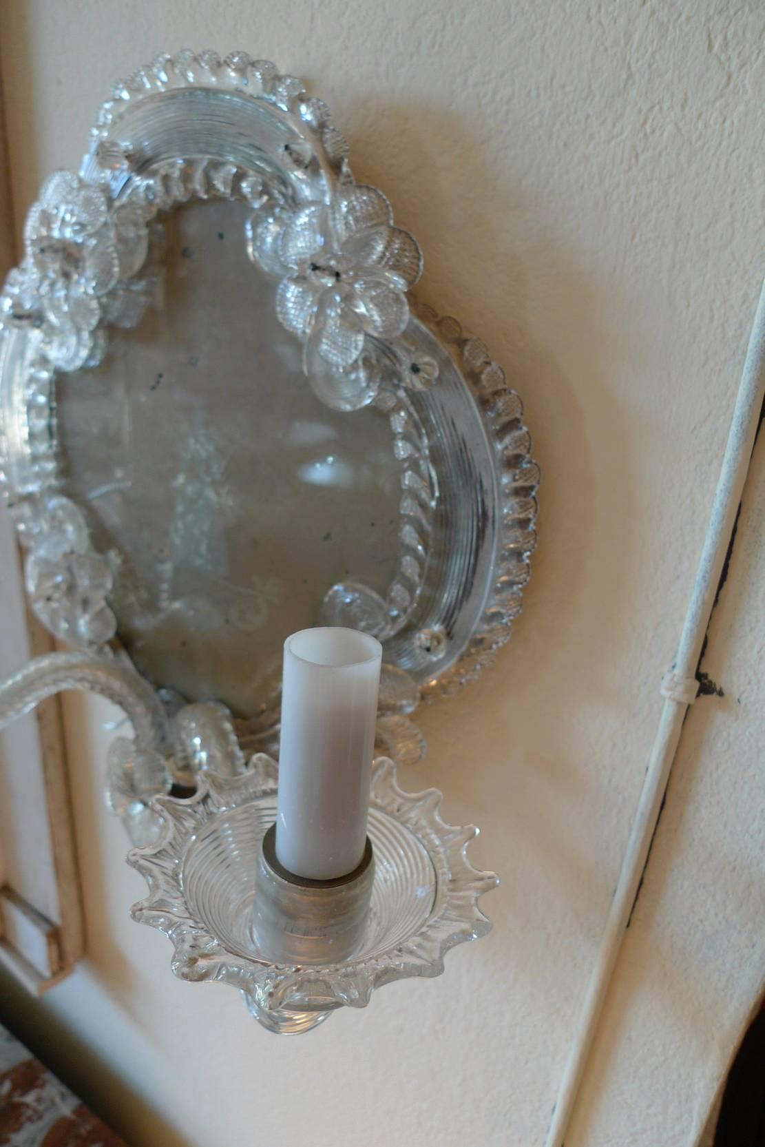 Pair of 19th Century Venetian Mirrored Sconces with Original Glass In Distressed Condition In Santa Monica, CA