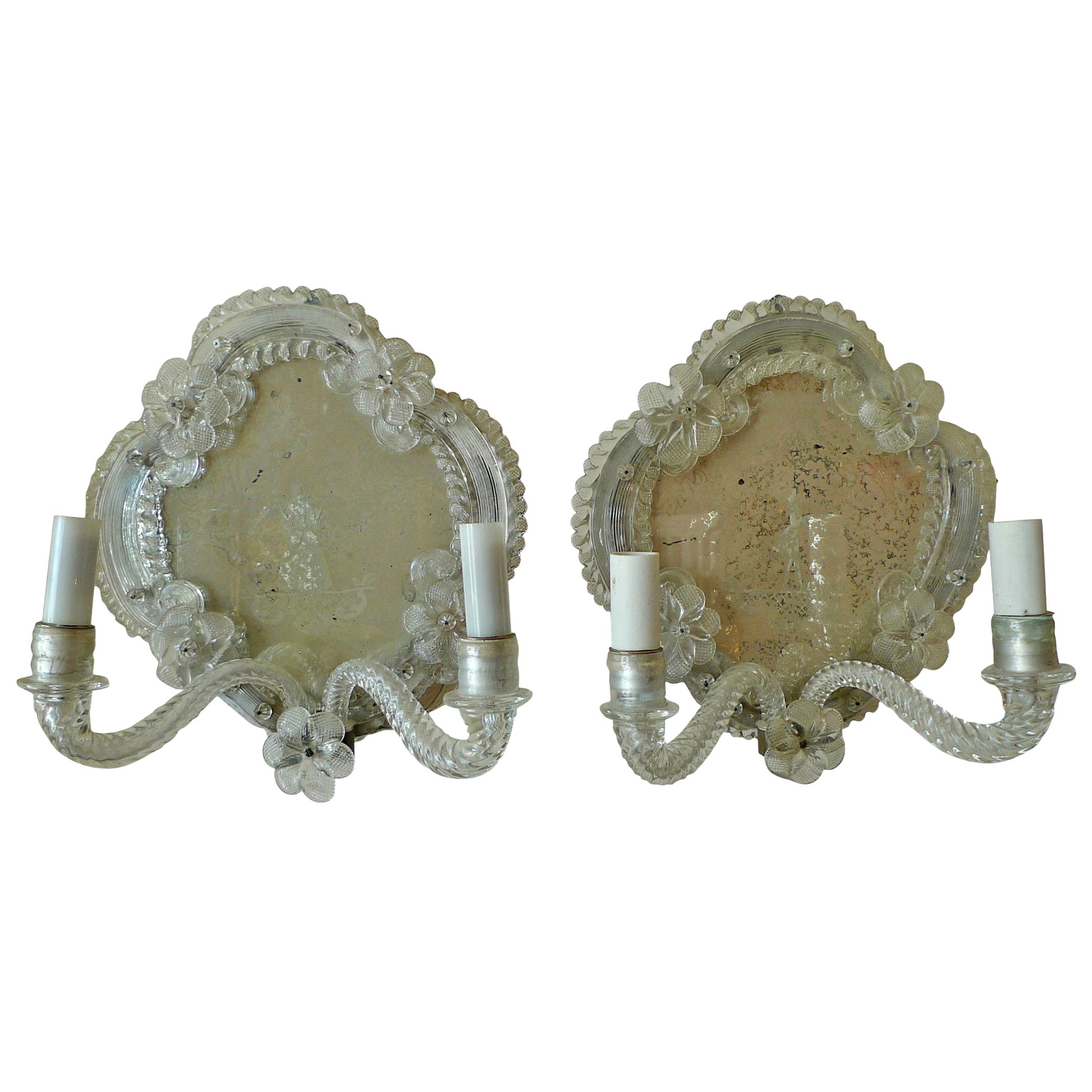 Pair of 19th Century Venetian Mirrored Sconces with Original Glass