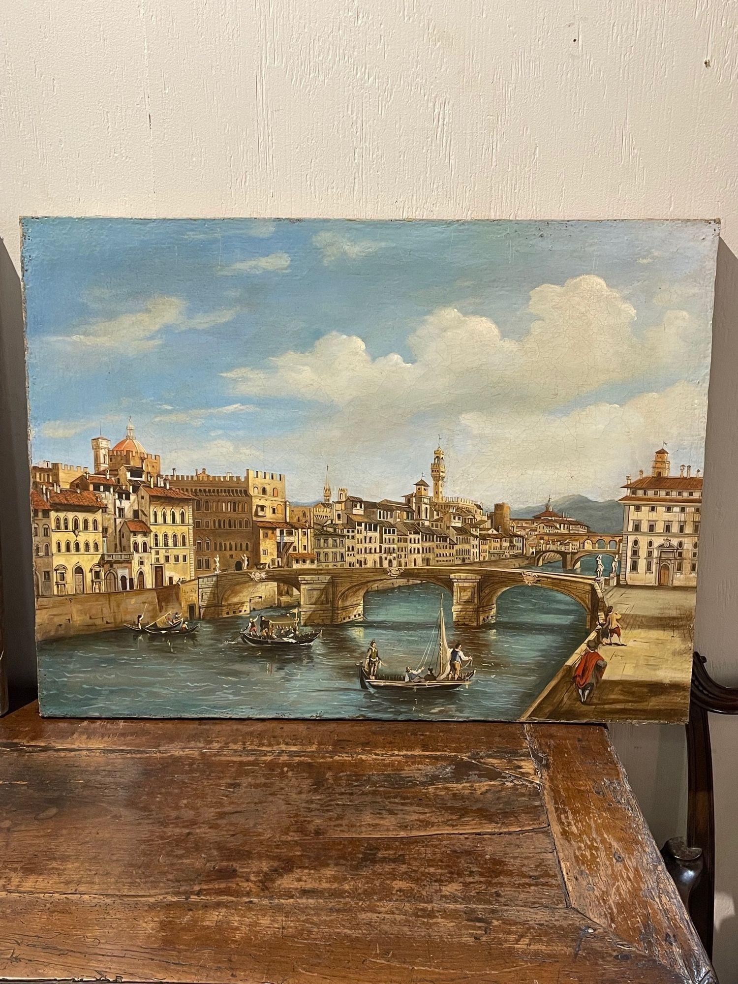 Rare pair of 19th century Venetian oil paintings on canvas. These paintings depict a Venetian harbor scene with boats, buildings and people. Very fine works of art!.