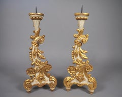 Pair of 19th Century Venetian Parcel Gilt and Painted Rococo Style Candlesticks