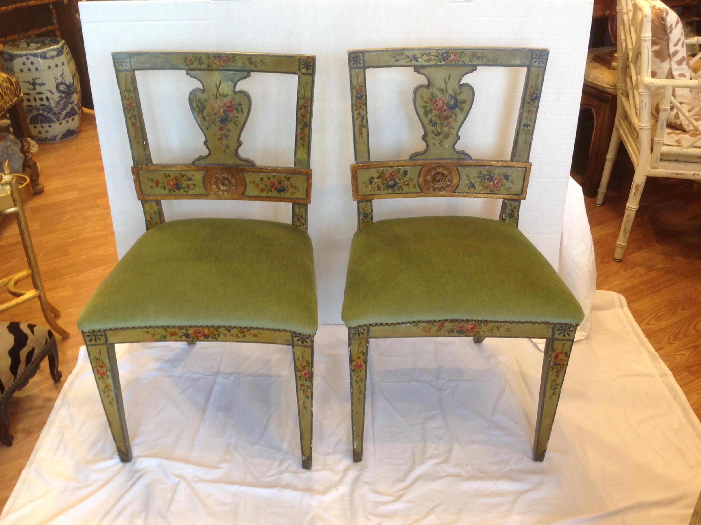 Hand-Painted Pair of 19th Century Venetian Side Chairs