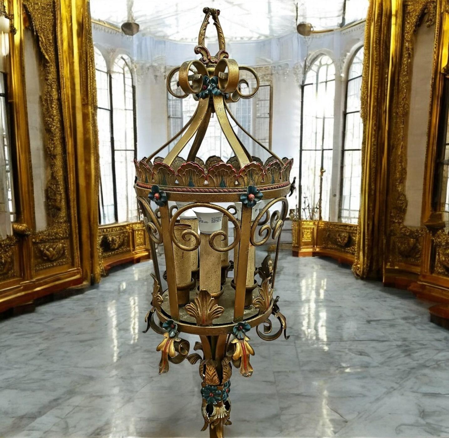 Baroque Revival Pair  of 19th Century Venetian Tole Floor Lanterns For Sale