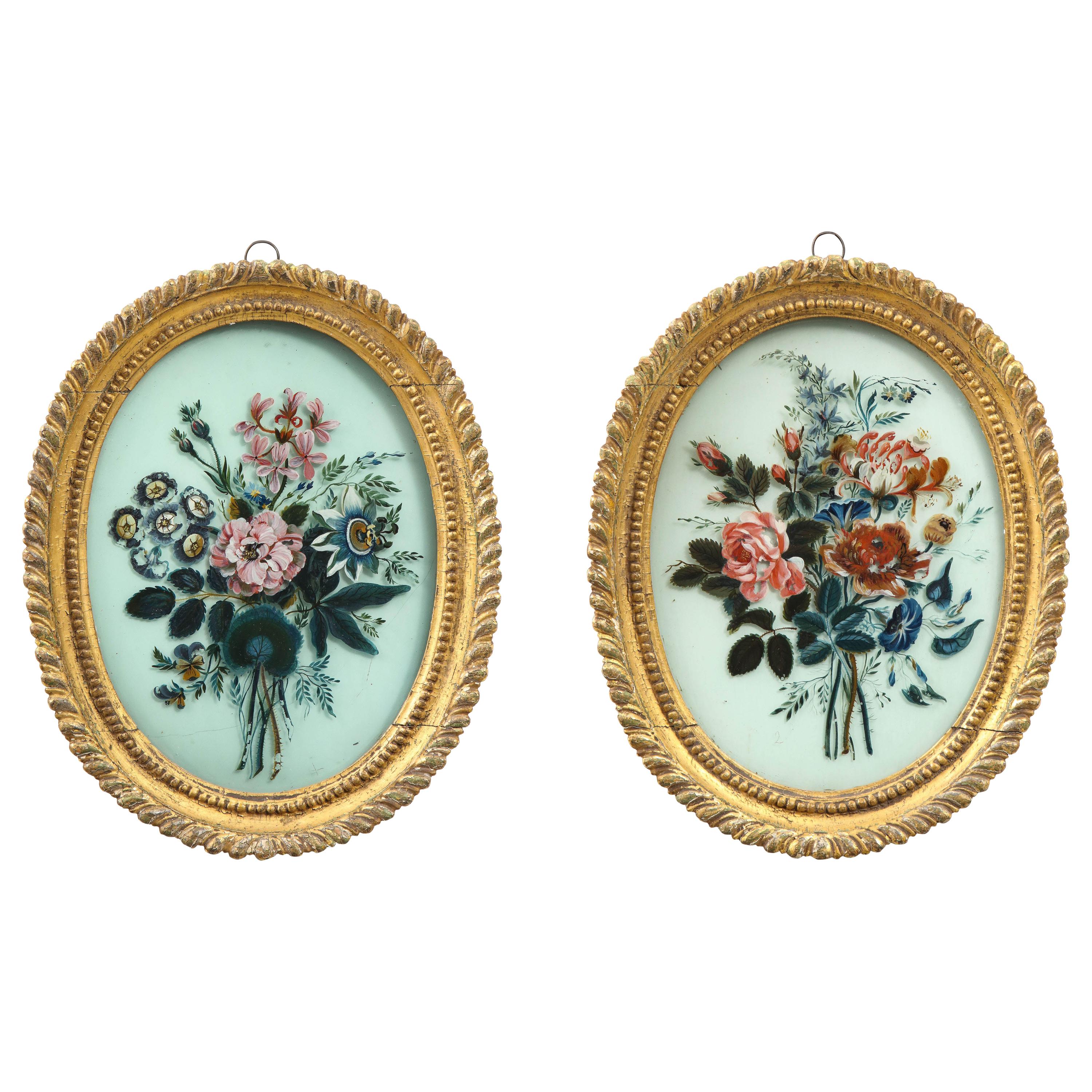 Pair of 19th Century Verre Églomisé Oval Paintings of Floral Bouquets