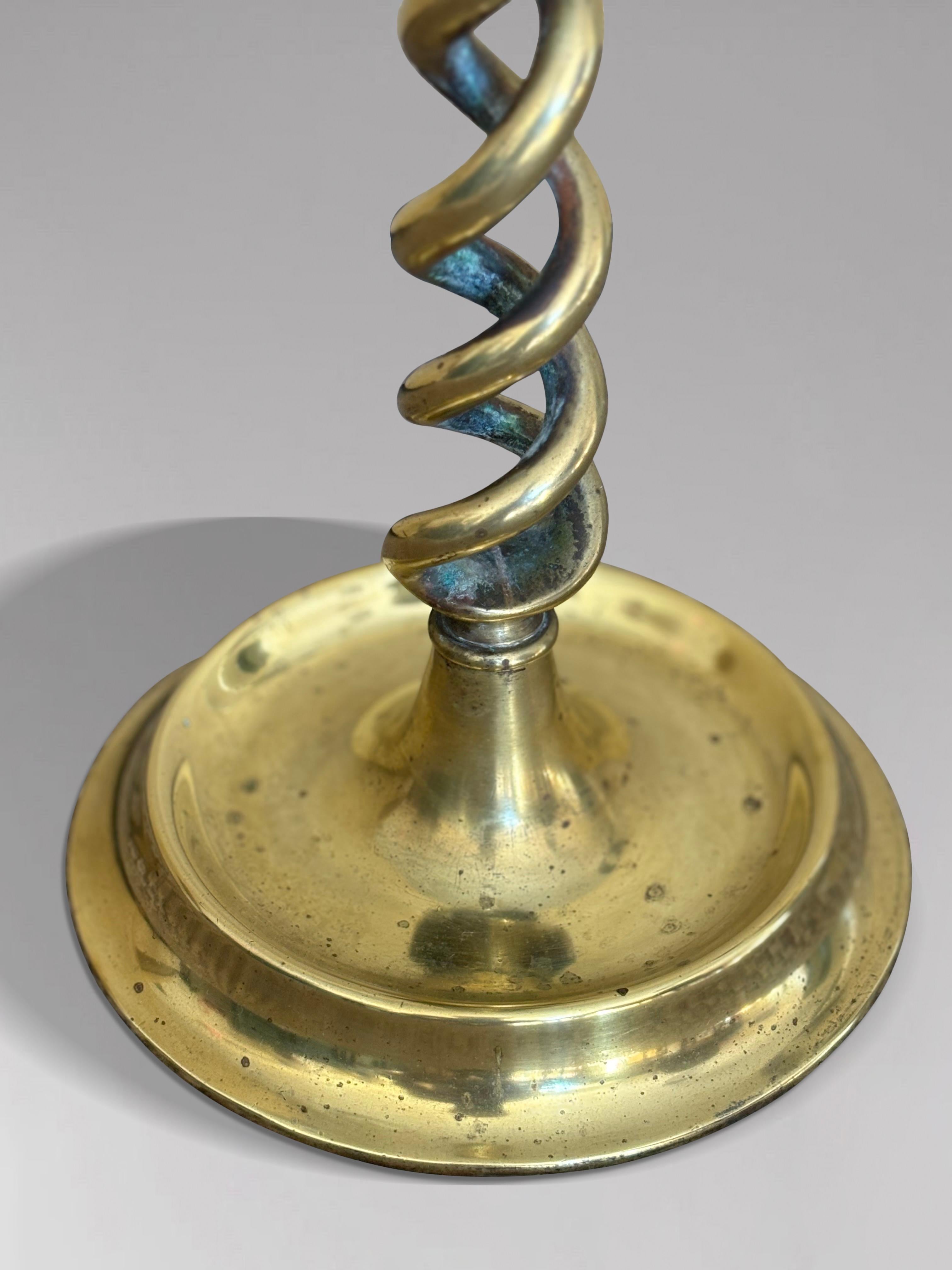 British Pair of 19th Century Victorian Brass Barley Twist Candlesticks For Sale