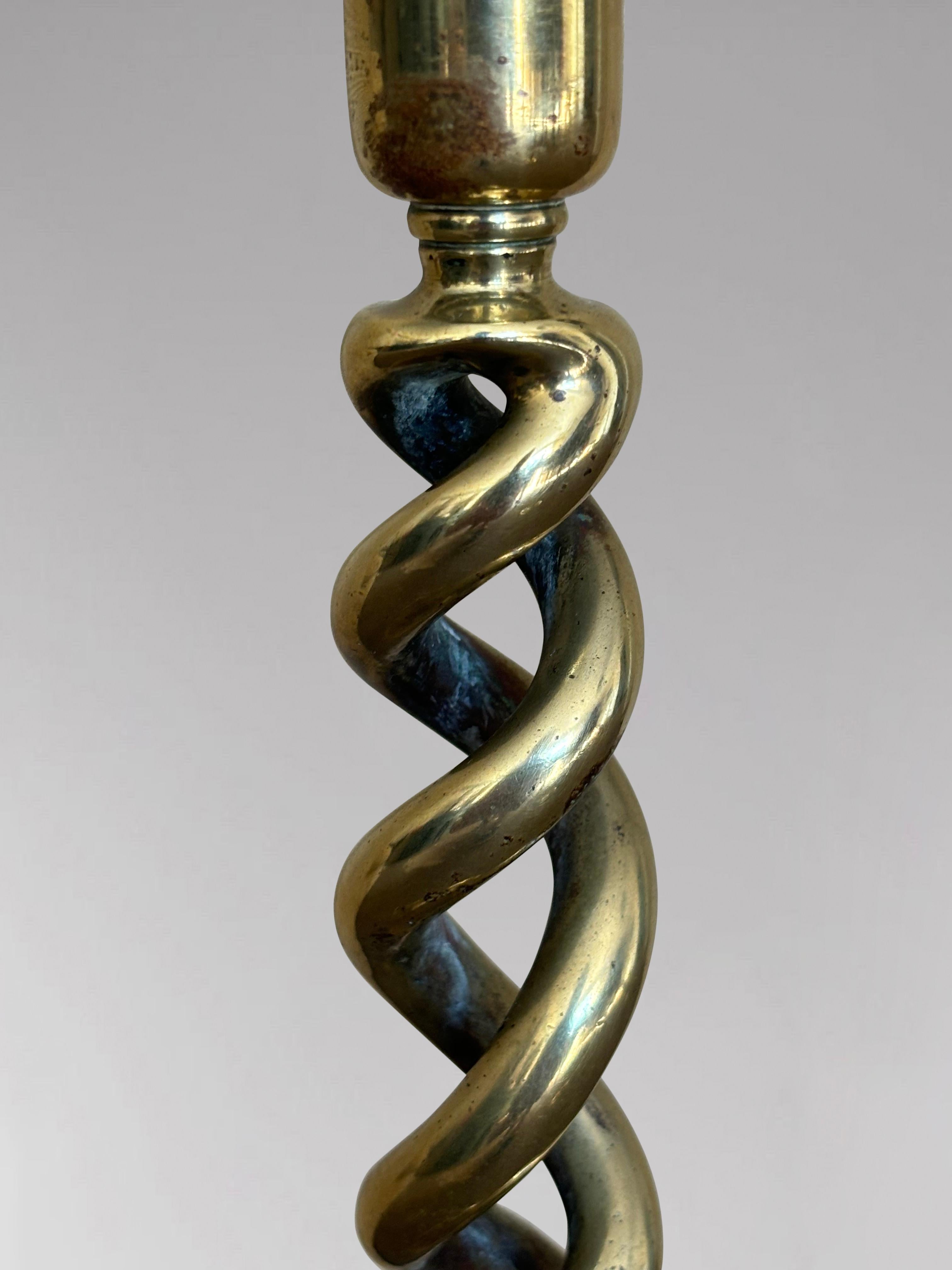 Pair of 19th Century Victorian Brass Barley Twist Candlesticks For Sale 1