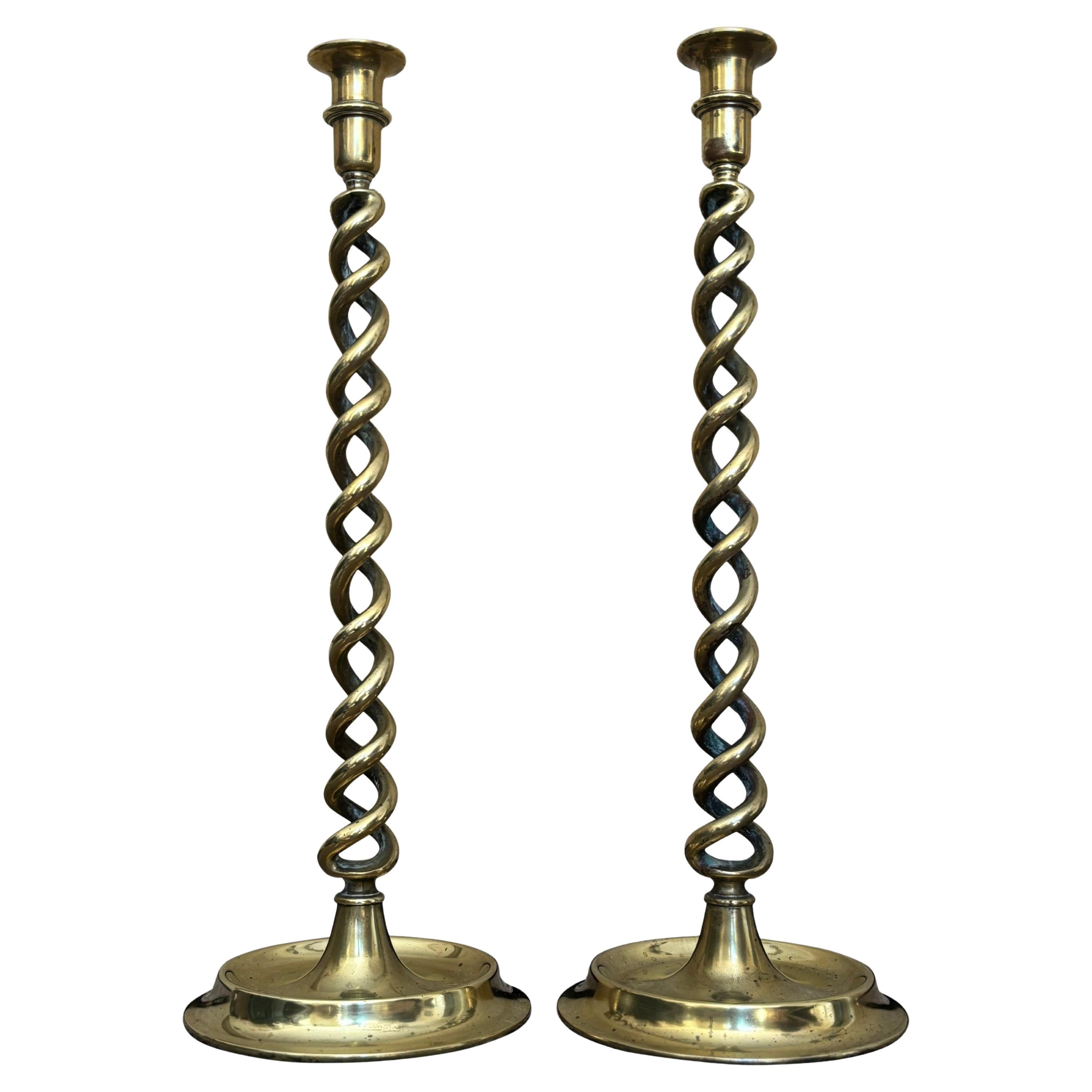 Pair of 19th Century Victorian Brass Barley Twist Candlesticks For Sale