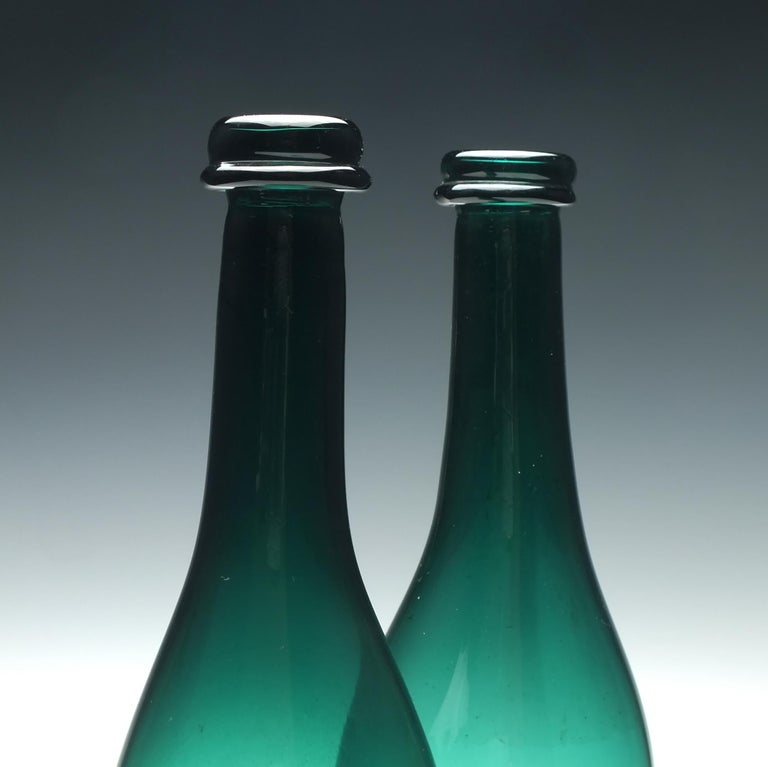 Pair of 19th Century Victorian Bristol Green Glass Serving Bottles, circa 1850 For Sale at 1stDibs