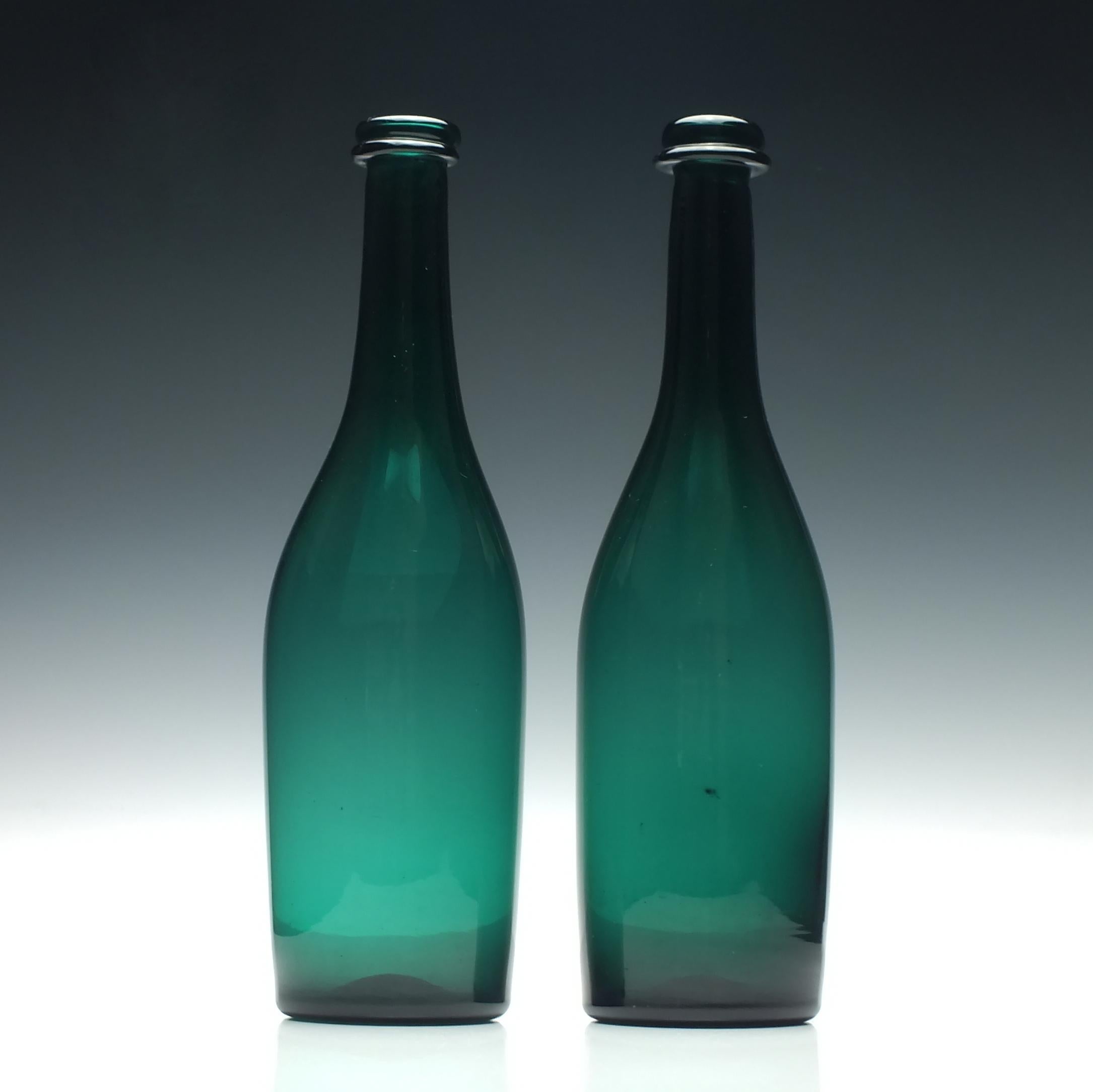 Mid-19th Century Pair of 19th Century Victorian Bristol Green Glass Serving Bottles, circa 1850 For Sale
