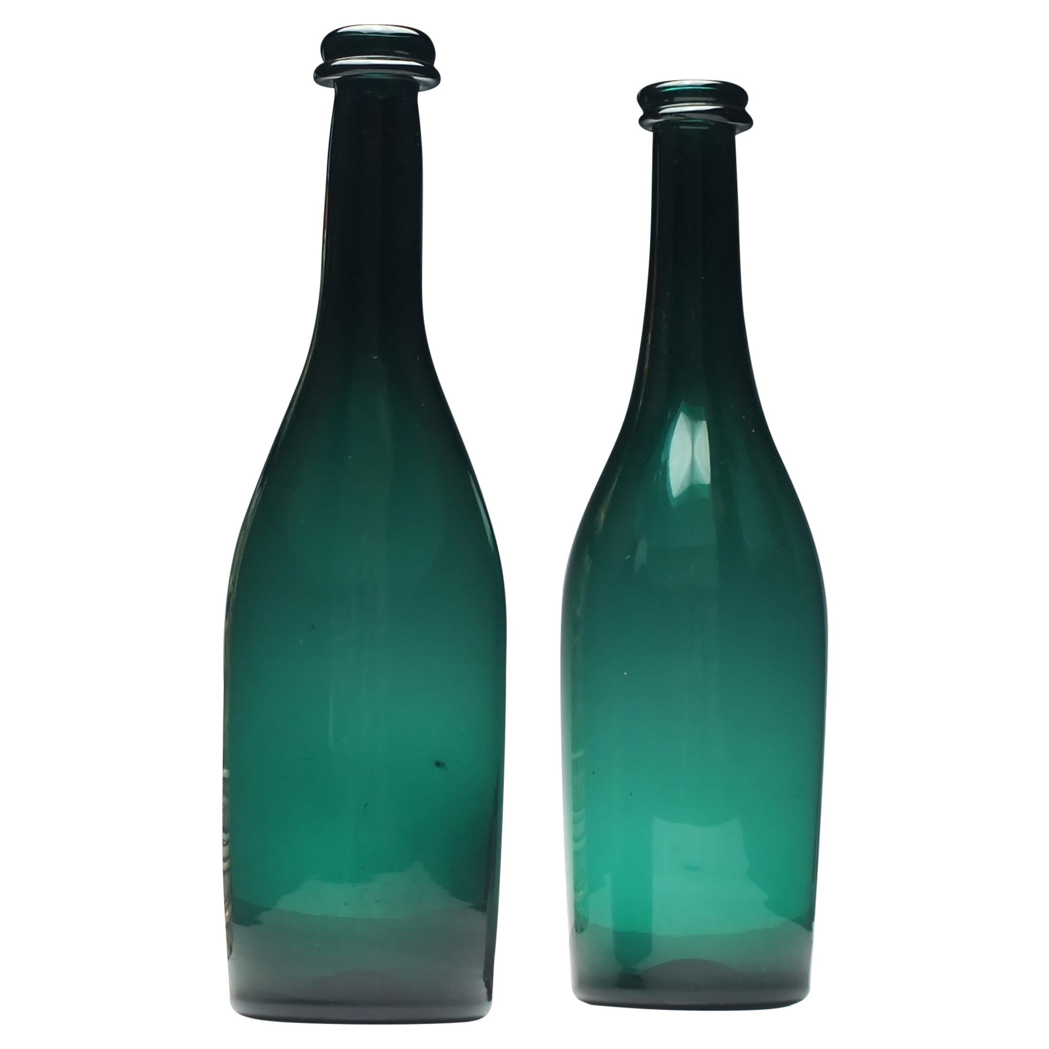 Pair of 19th Century Victorian Bristol Green Glass Serving Bottles, circa 1850 For Sale