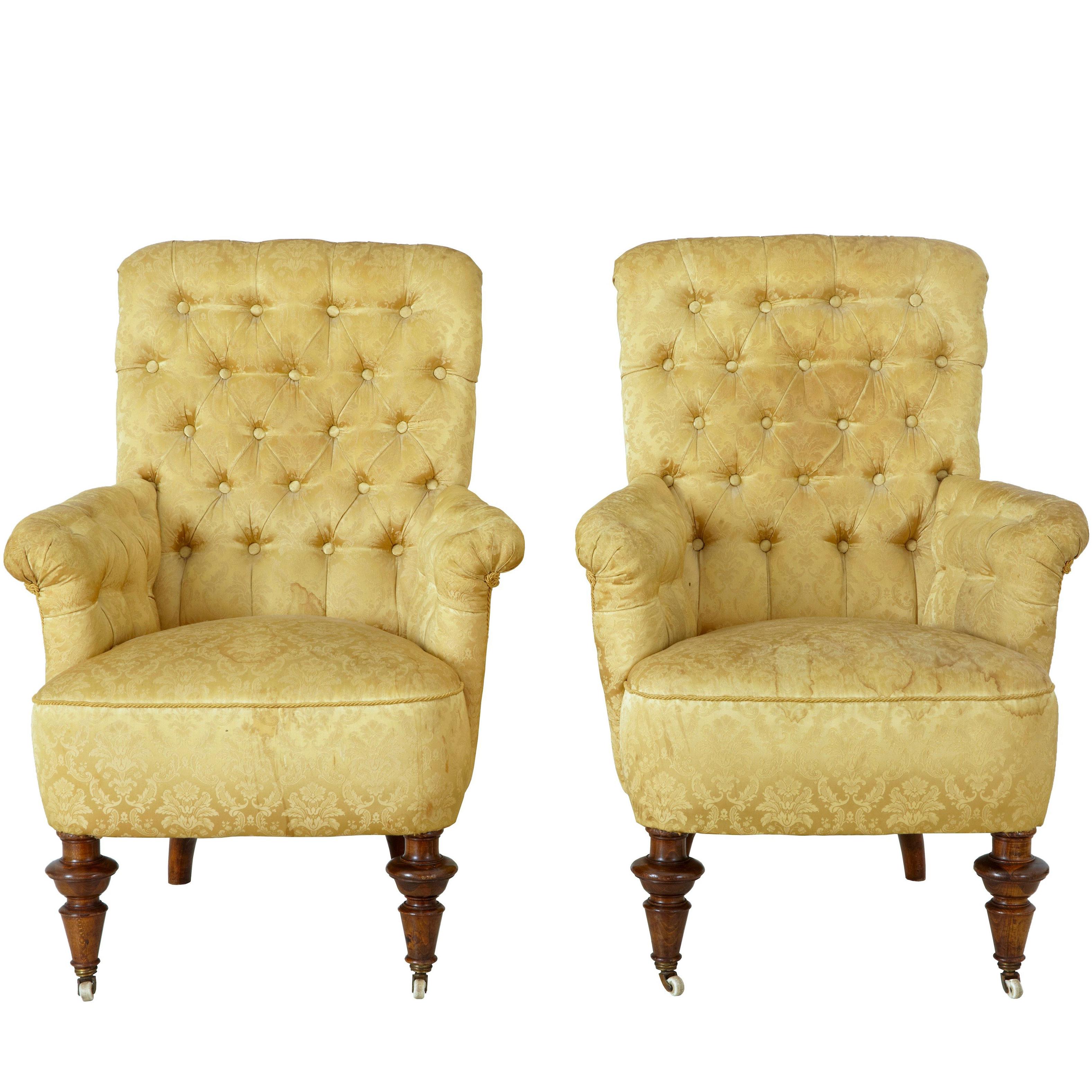Pair of 19th Century Victorian Button Back Armchairs