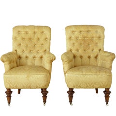 Antique Pair of 19th Century Victorian Button Back Armchairs