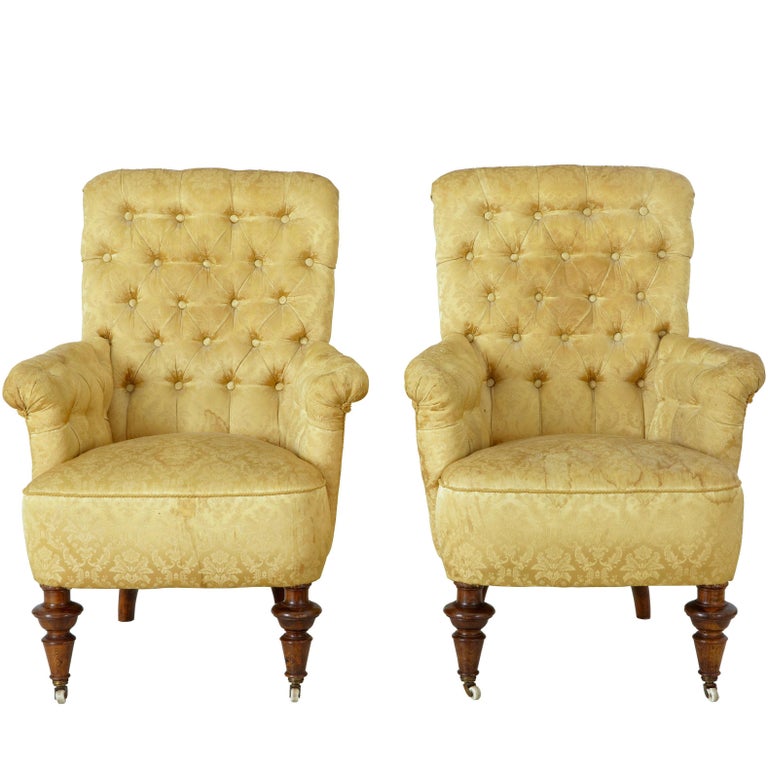 Pair Of 19th Century Victorian Button Back Armchairs For Sale At 1stdibs