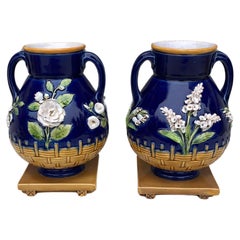 Antique Pair of 19th Century Victorian Cobalt Vases Minton